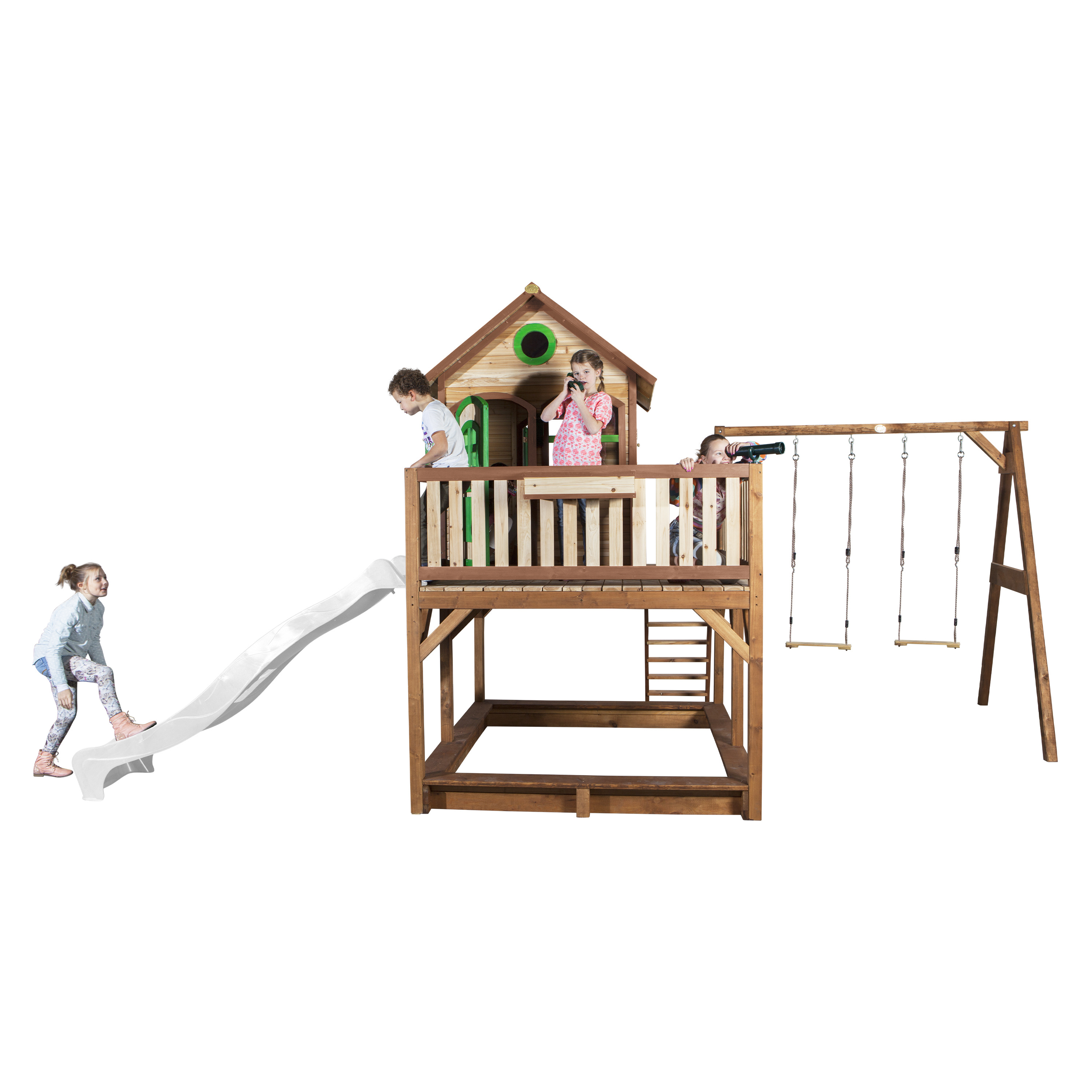 AXI Liam Playhouse with Double Swing Set Brown/Green - White Slide