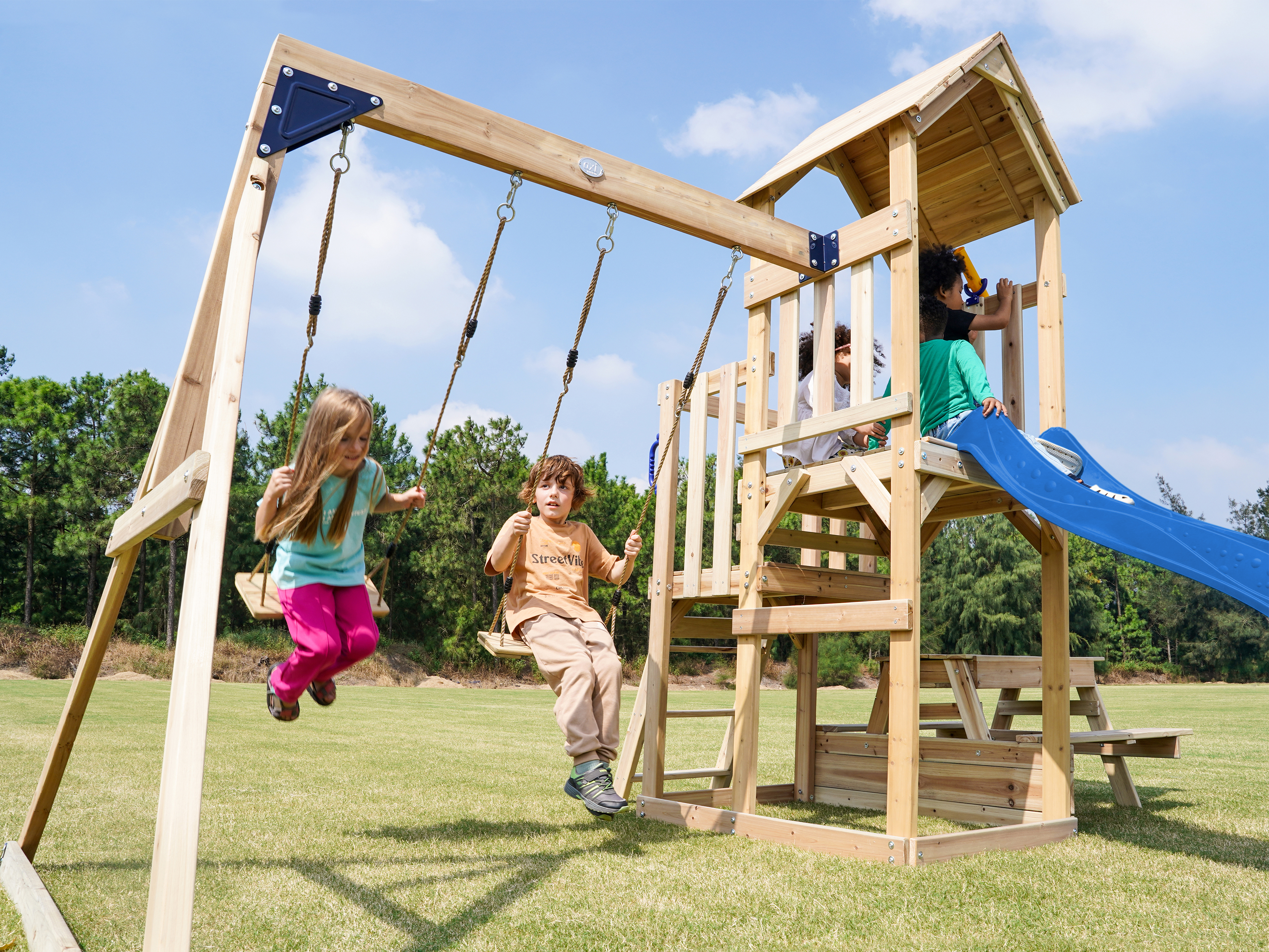 AXI Mette Playground with Double Swing Brown - Blue Slide 