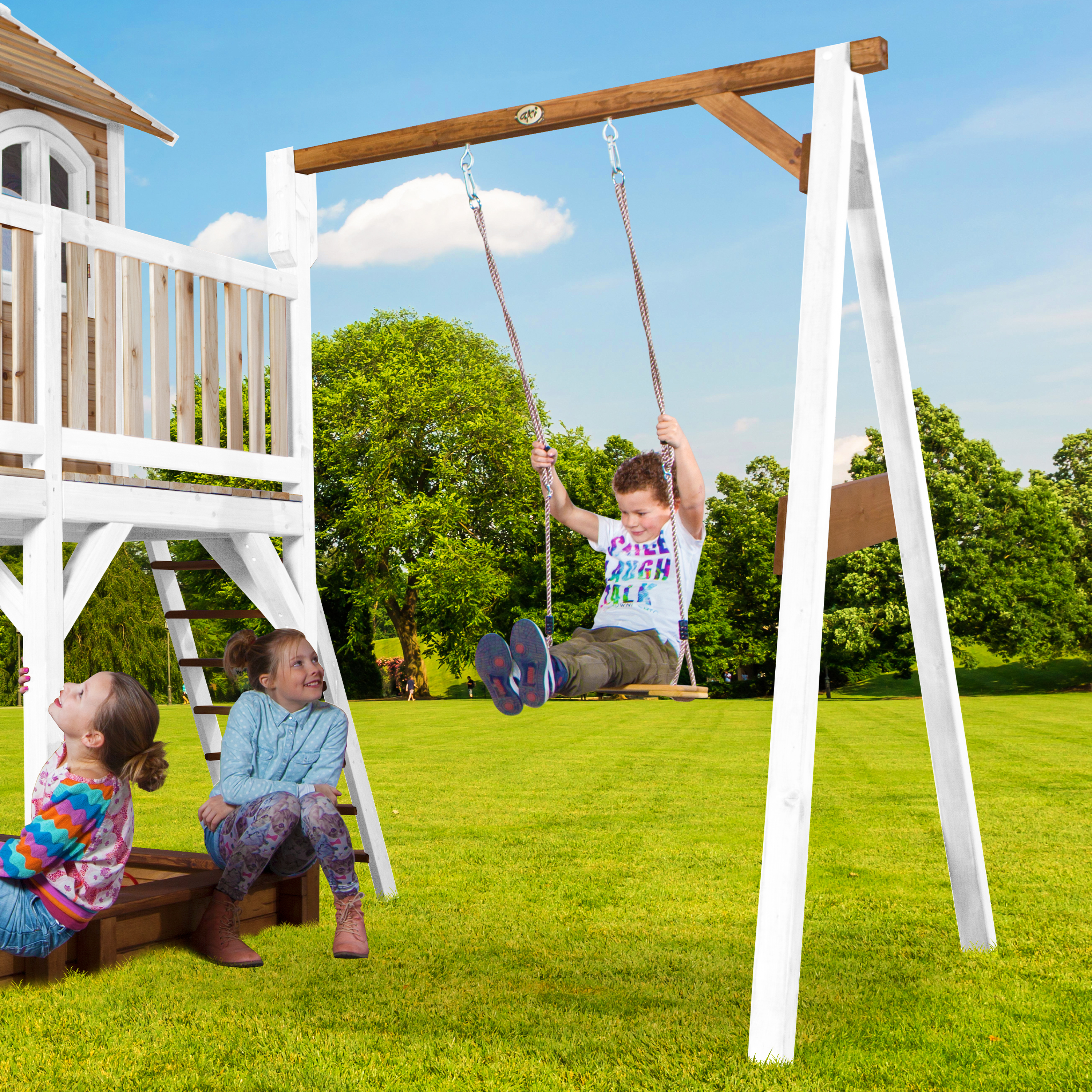 AXI Liam Playhouse with Single Swing Set Brown/White - Grey Slide-8717973937500 AXI Liam Playhouse with Single Swing Set Brown/White - Grey Slide