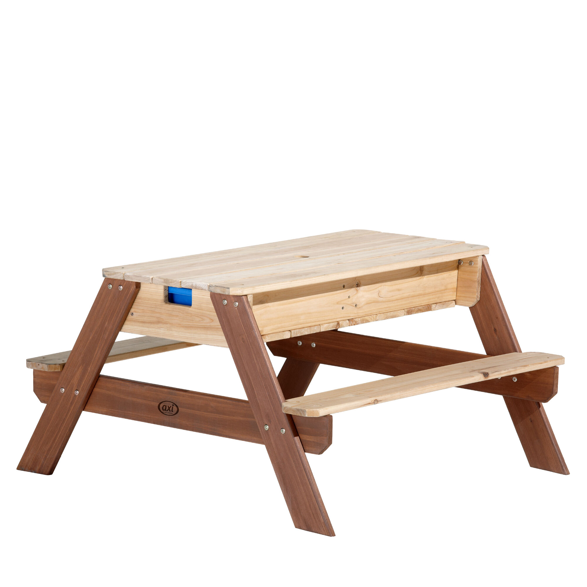 productfoto AXI Nick Zand & Water Picknicktafel Bruin - Parasol Blauw/wit - FSC Hout