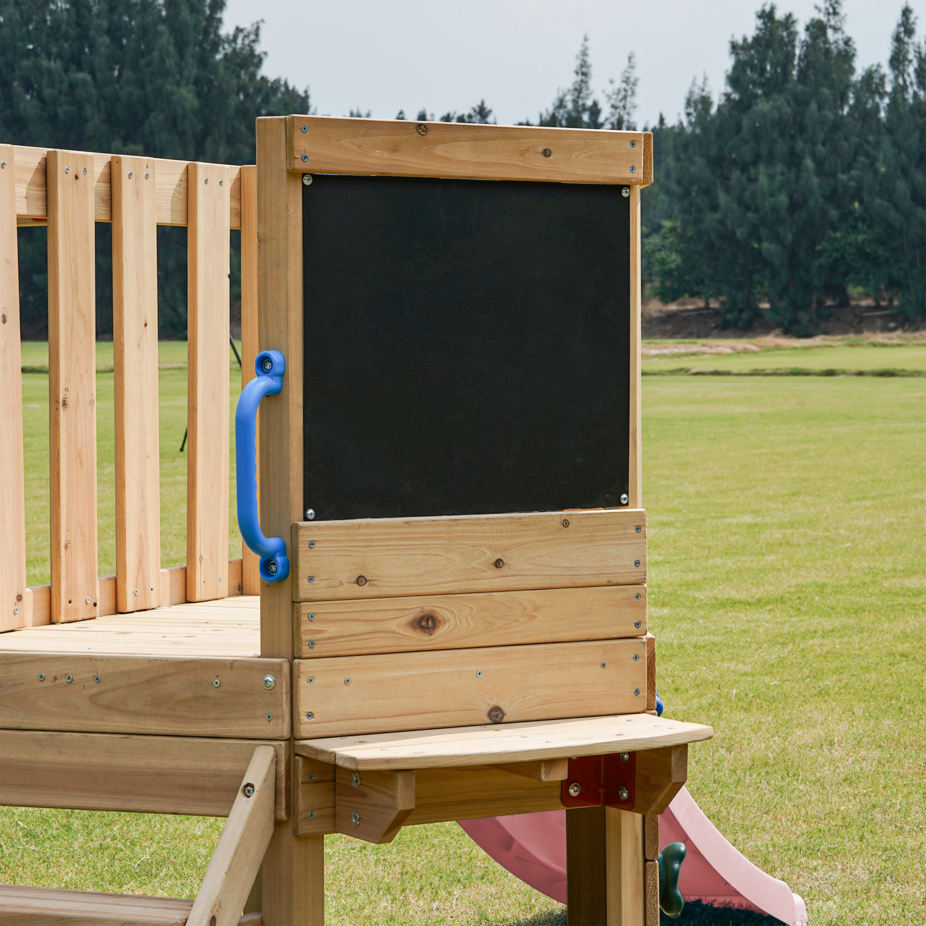 AXI Timo Mini Climbing Frame with Baby Swing. Climbing Wall and Chalkboard – Pastel Pink Slide