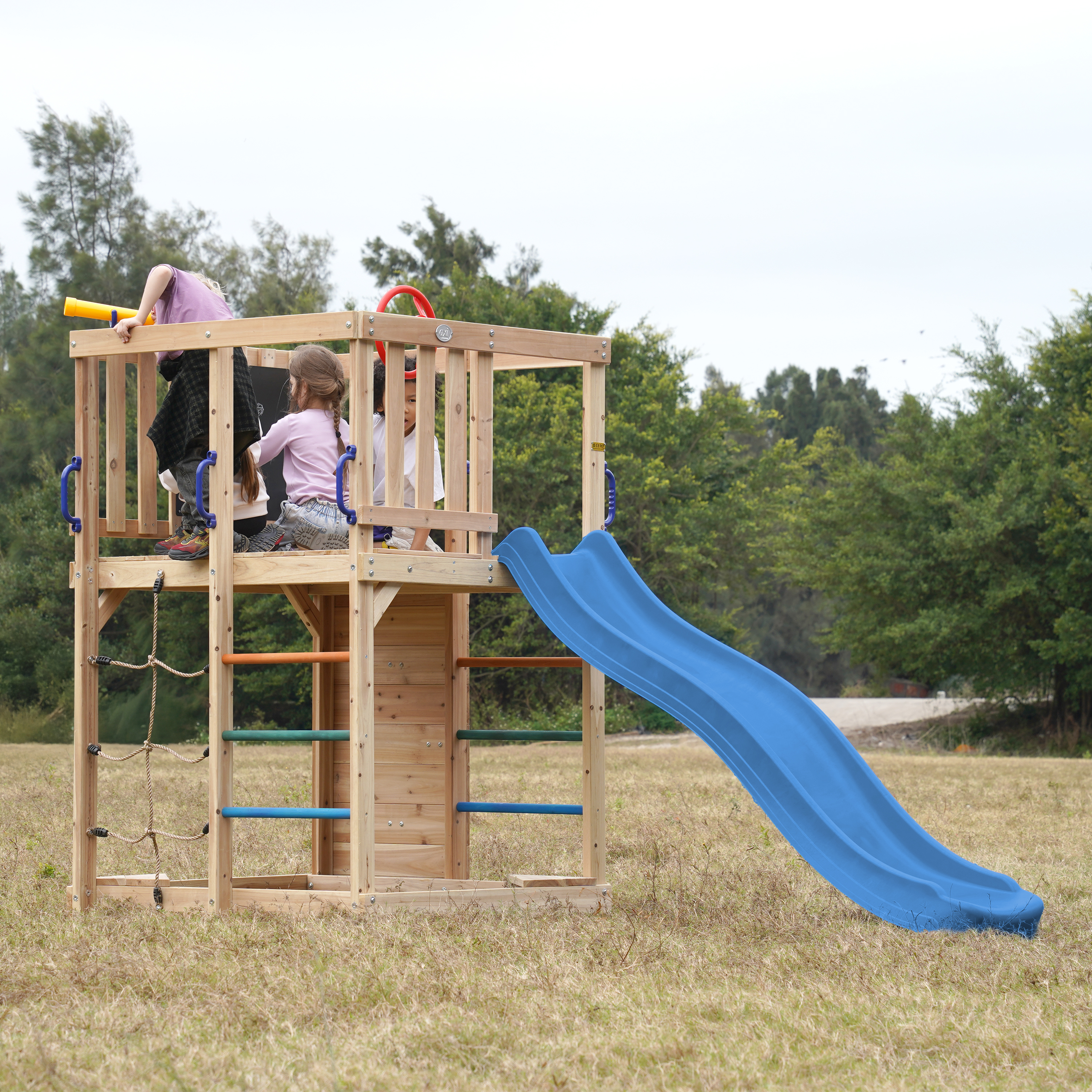 AXI Sam Climbing Frame with Climbing Wall. Climbing Net and Monkey Bars – Blue Slide