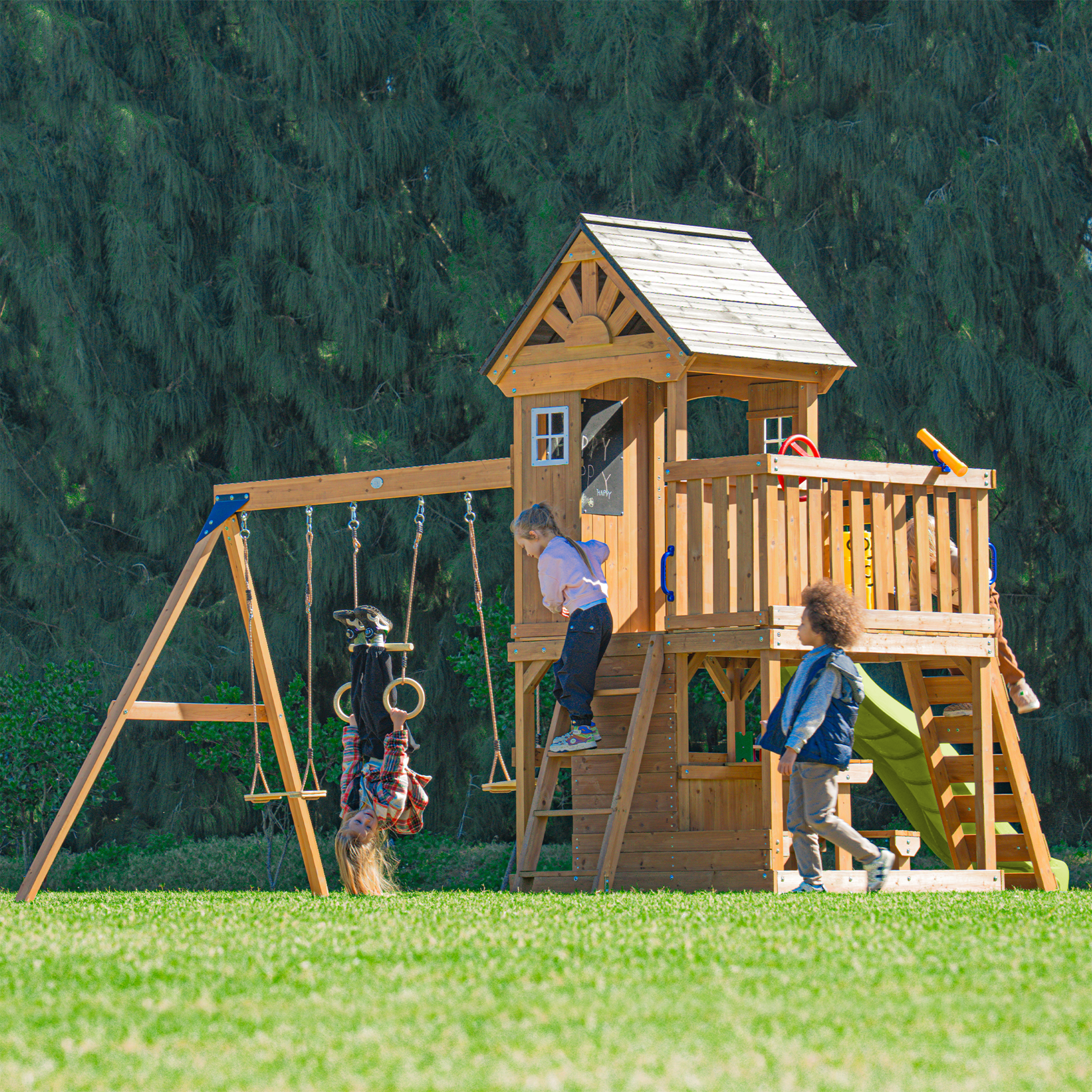 AXI Jack Aire de jeux avec balançoire double et trapèze marron - toboggan vert citron