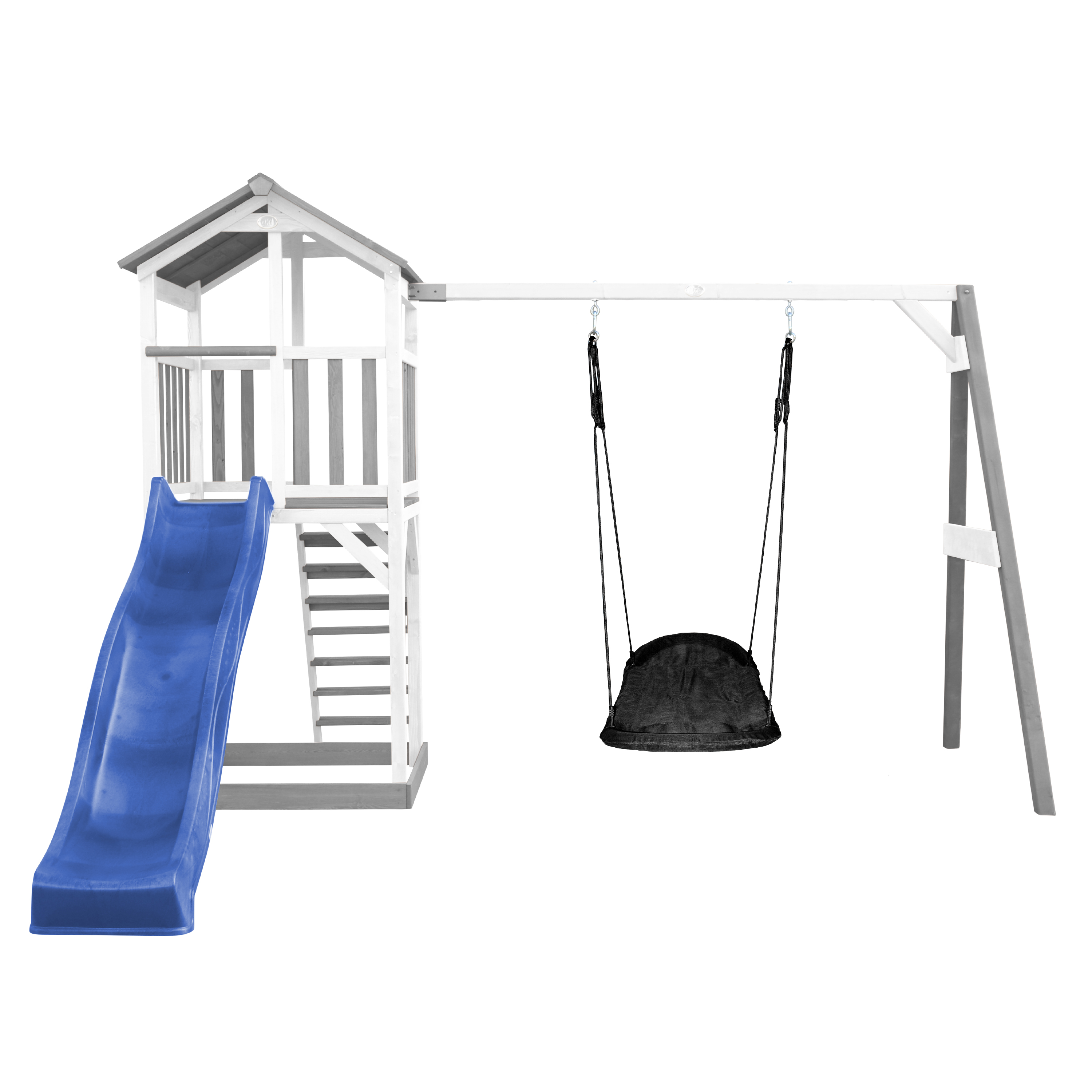AXI Beach Tower with Roxy Nest Swing Set Grey/White - Blue Slide-8717973936220 AXI Beach Tower with Roxy Nest Swing Set Grey/White - Blue Slide