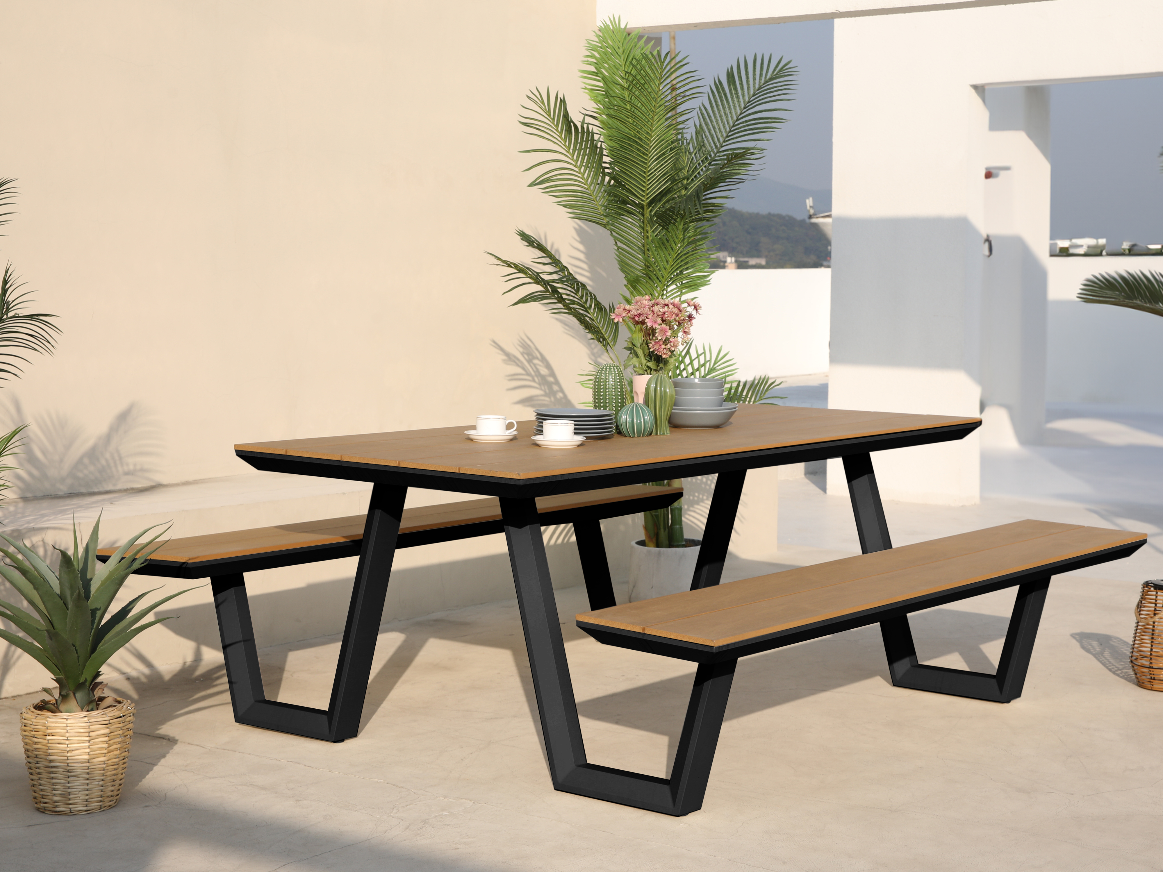 AXI Nori Table de pique-nique avec 2 bancs Anthracite - Polywood aspect teck