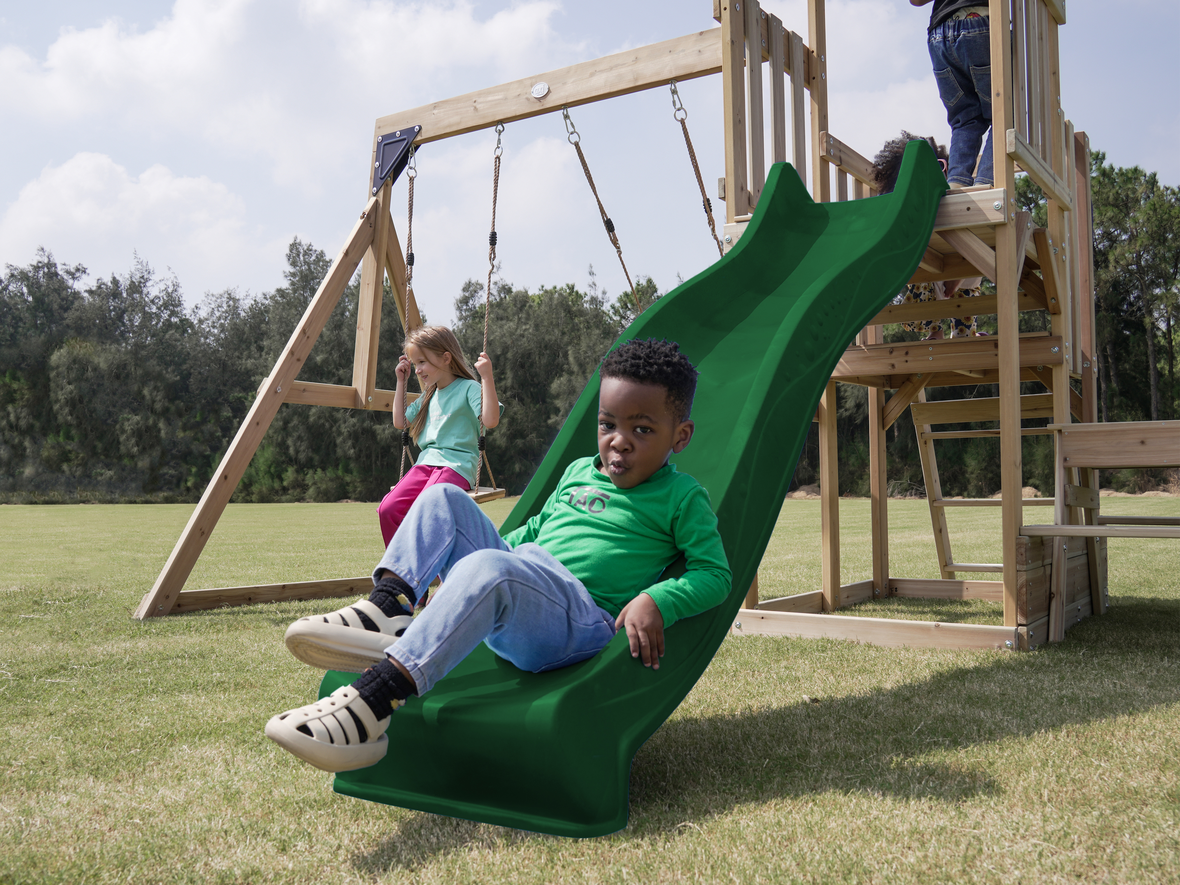 AXI Mette Climbing Frame with Double Swing Set and Picnic Table - Green Slide