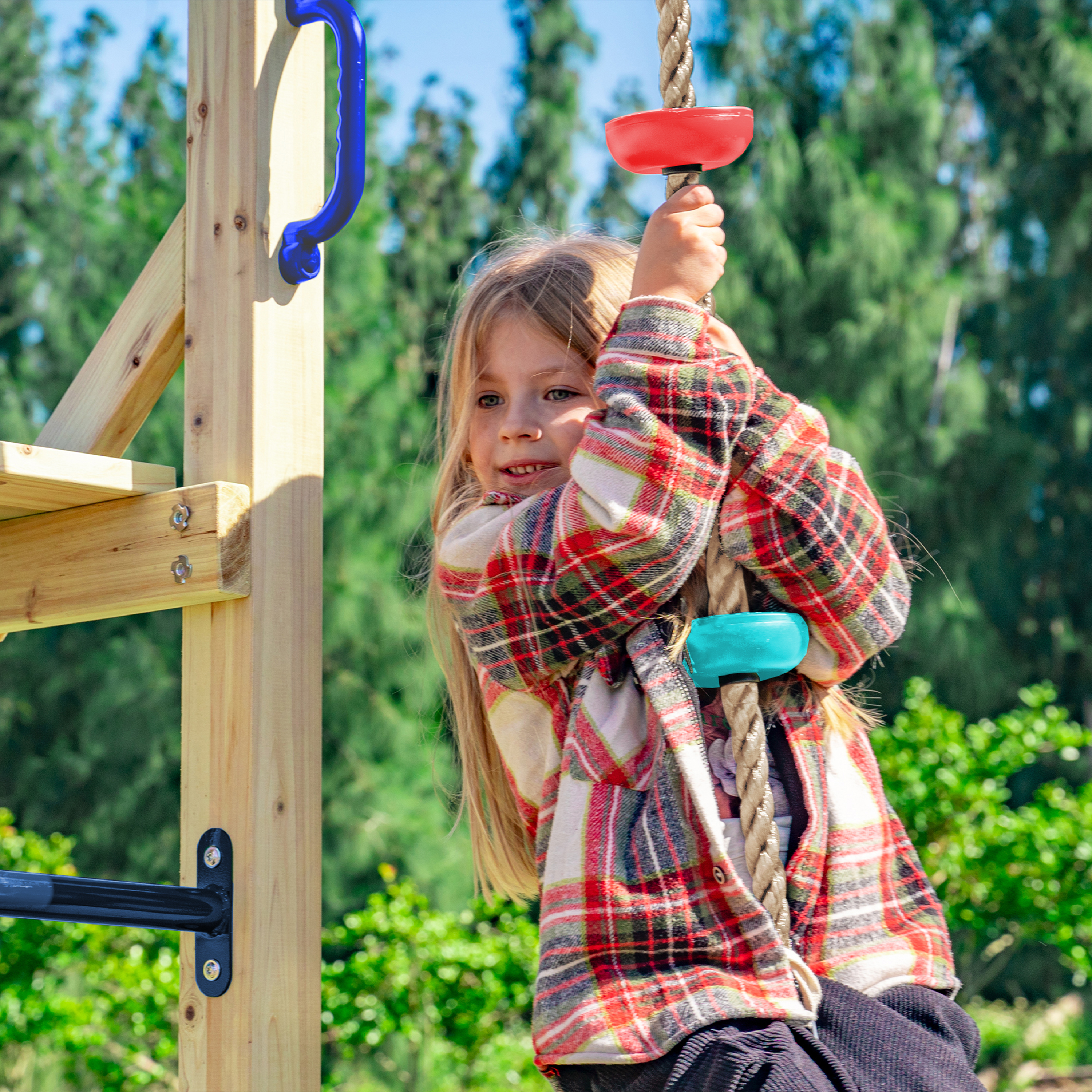 AXI Boris Wooden Playcentre with Swings, Trapeze, Climbing Nets and Monkey Bars – Blue Slide