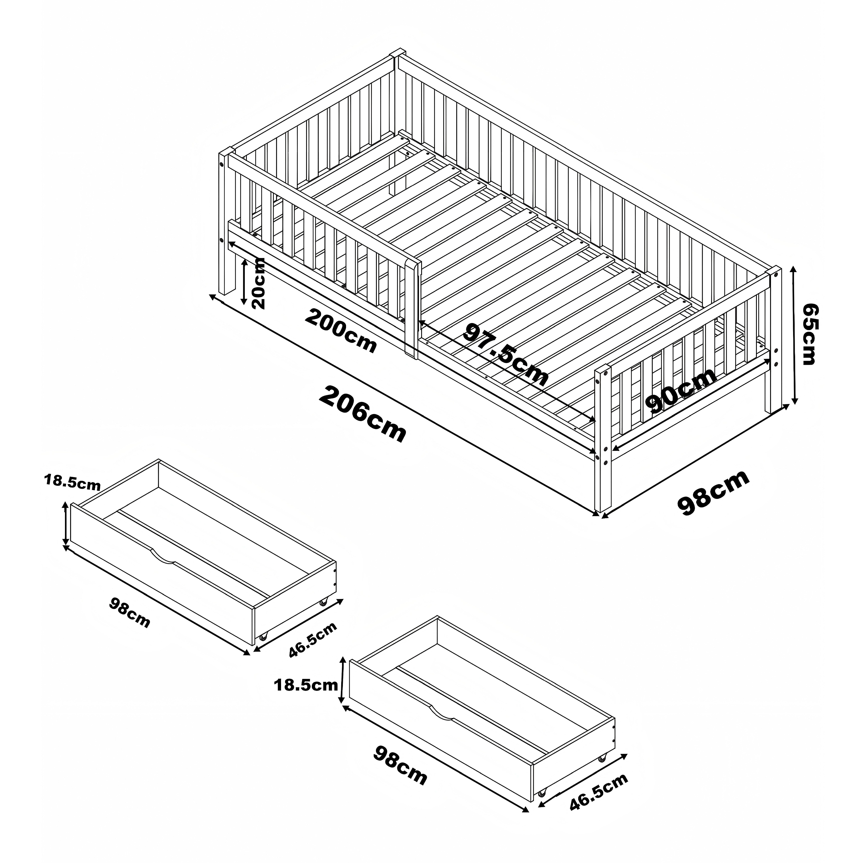 Sunny Isa Kids Bed with 2 Storage Drawers and Guardrail Grey – Without Mattress