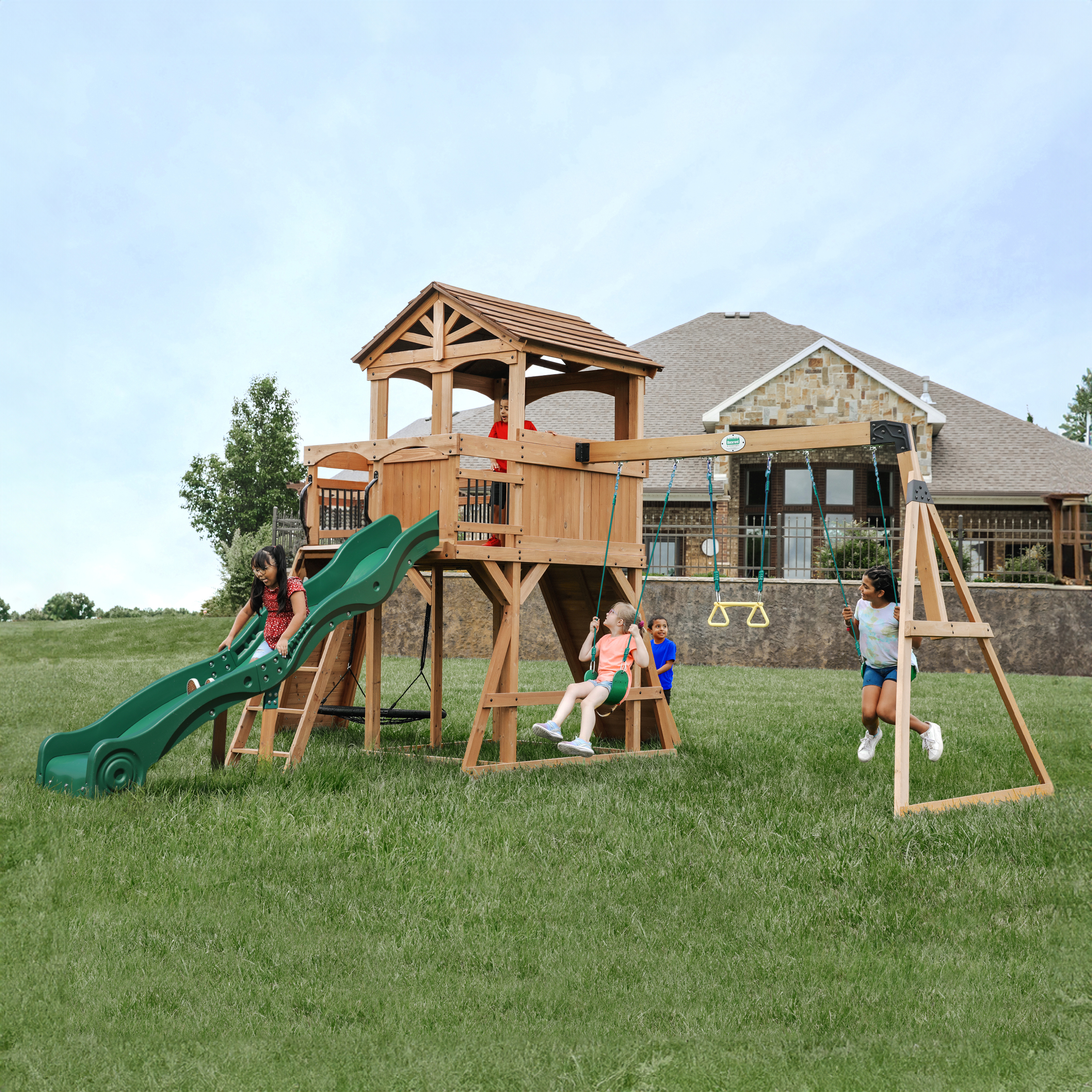 Backyard Discovery Sterling Point Play Set with 3 Swings and Slide - Climbing Wall & Rock Wall - Trapeze - Sandbox - Walkway-0752113300378 Backyard Discovery Sterling Point Play Set with 3 Swings and Slide - Climbing Wall & Rock Wall - Trapeze - Sandbox - Walkway