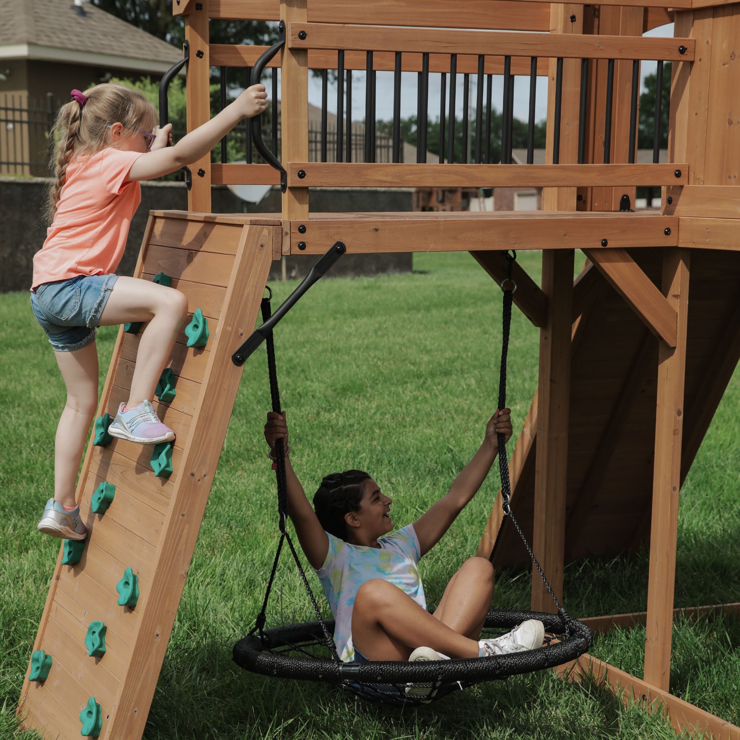 Backyard Discovery Sterling Point Play Set with 3 Swings and Slide - Climbing Wall & Rock Wall - Trapeze - Sandbox - Walkway-0752113300378 Backyard Discovery Sterling Point Play Set with 3 Swings and Slide - Climbing Wall & Rock Wall - Trapeze - Sandbox - Walkway