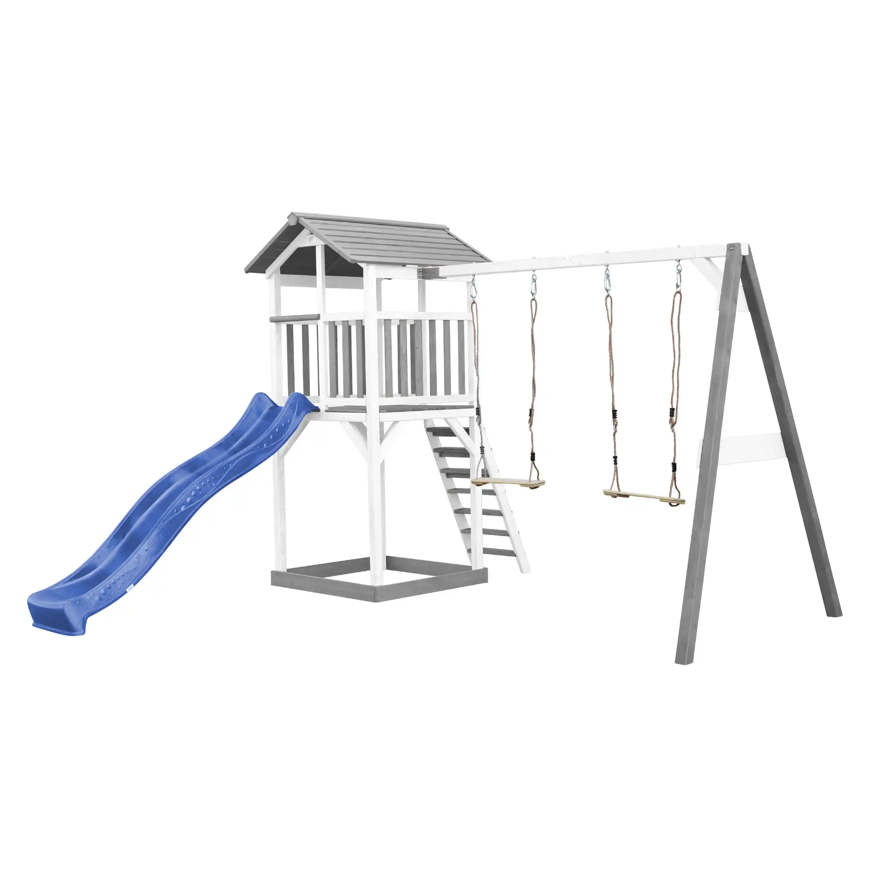 AXI Beach Tower Speeltoren met Dubbele Schommel Grijs/wit - Blauwe Glijbaan