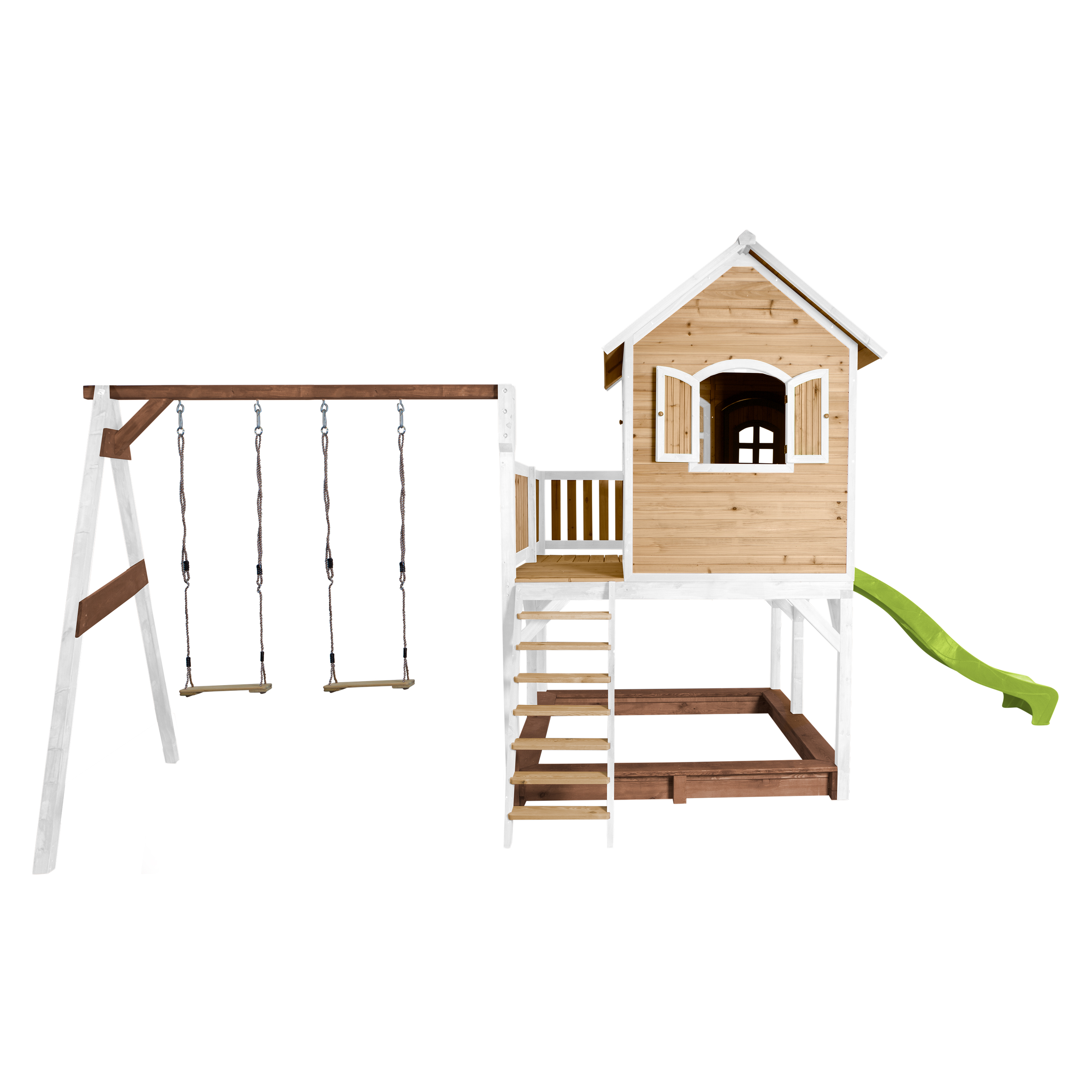 AXI Liam Maisonnette en bois Marron/Blanche avec 2 Balançoires - Toboggan Vert Citron AXI Liam Maisonnette en bois Marron/Blanche avec 2 Balançoires - Toboggan Vert Citron