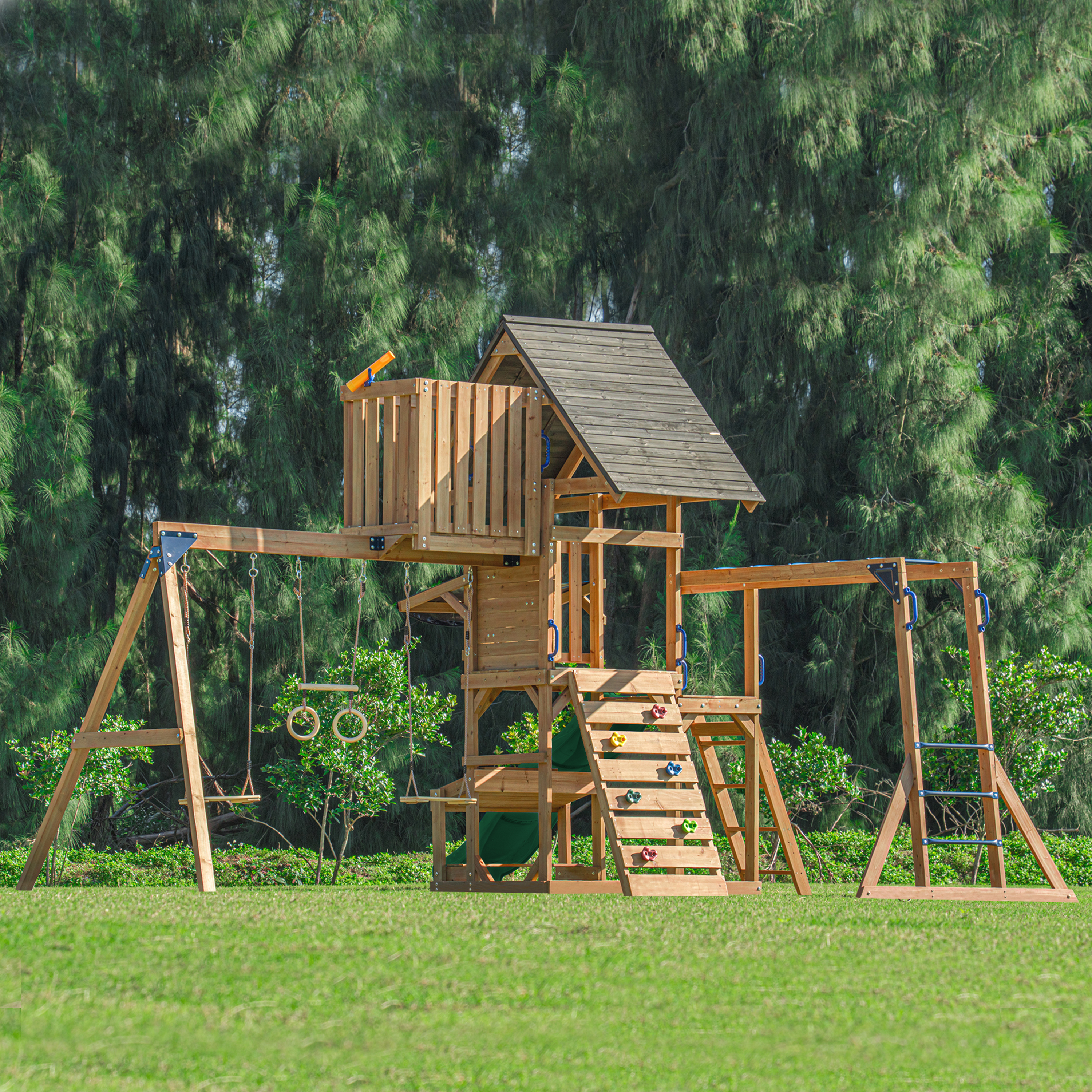 AXI Mitch Climbing Frame with Double Swing, Trapeze and Lookout Tower – Green Slide
