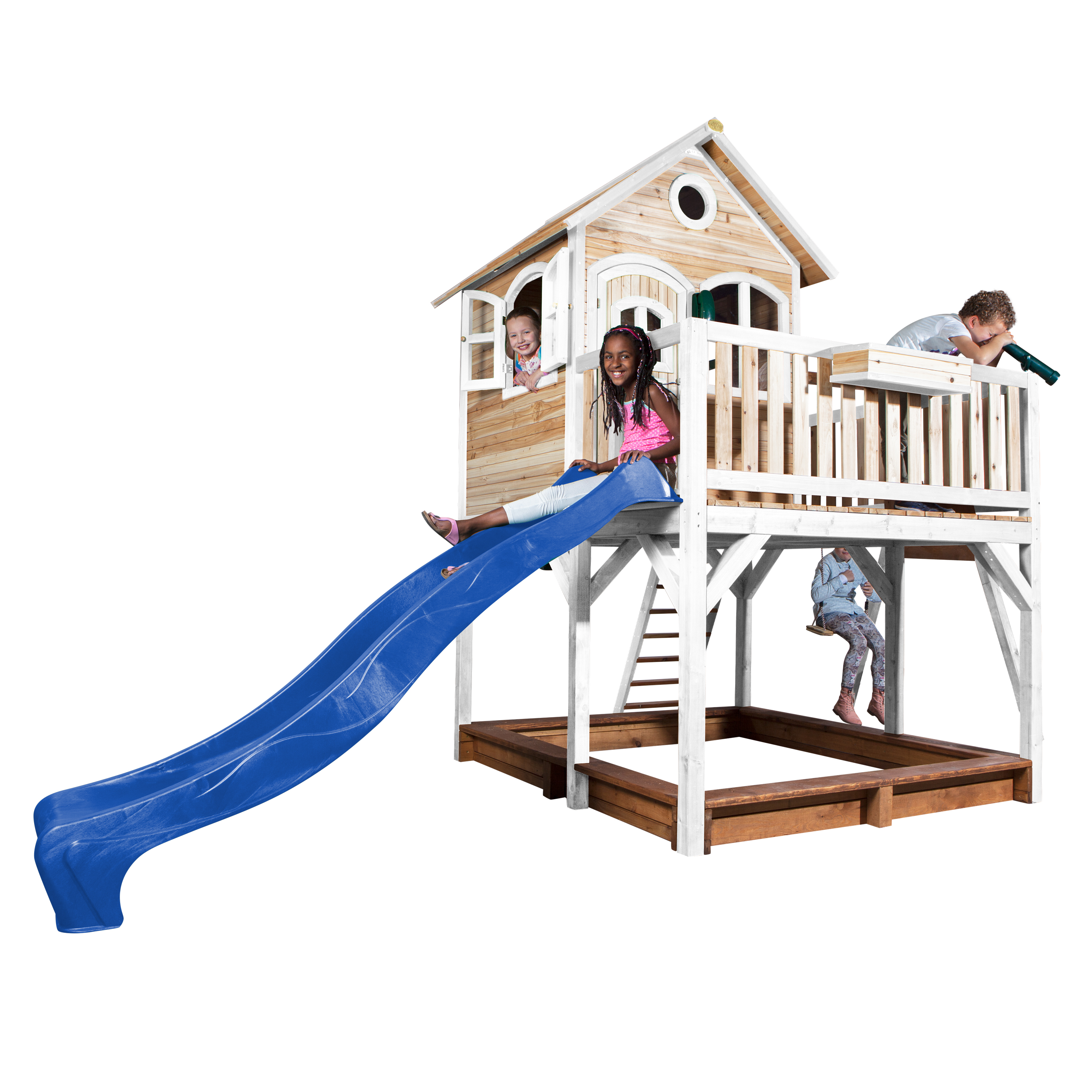 AXI Liam Playhouse with Single Swing Set Brown/White - Blue Slide