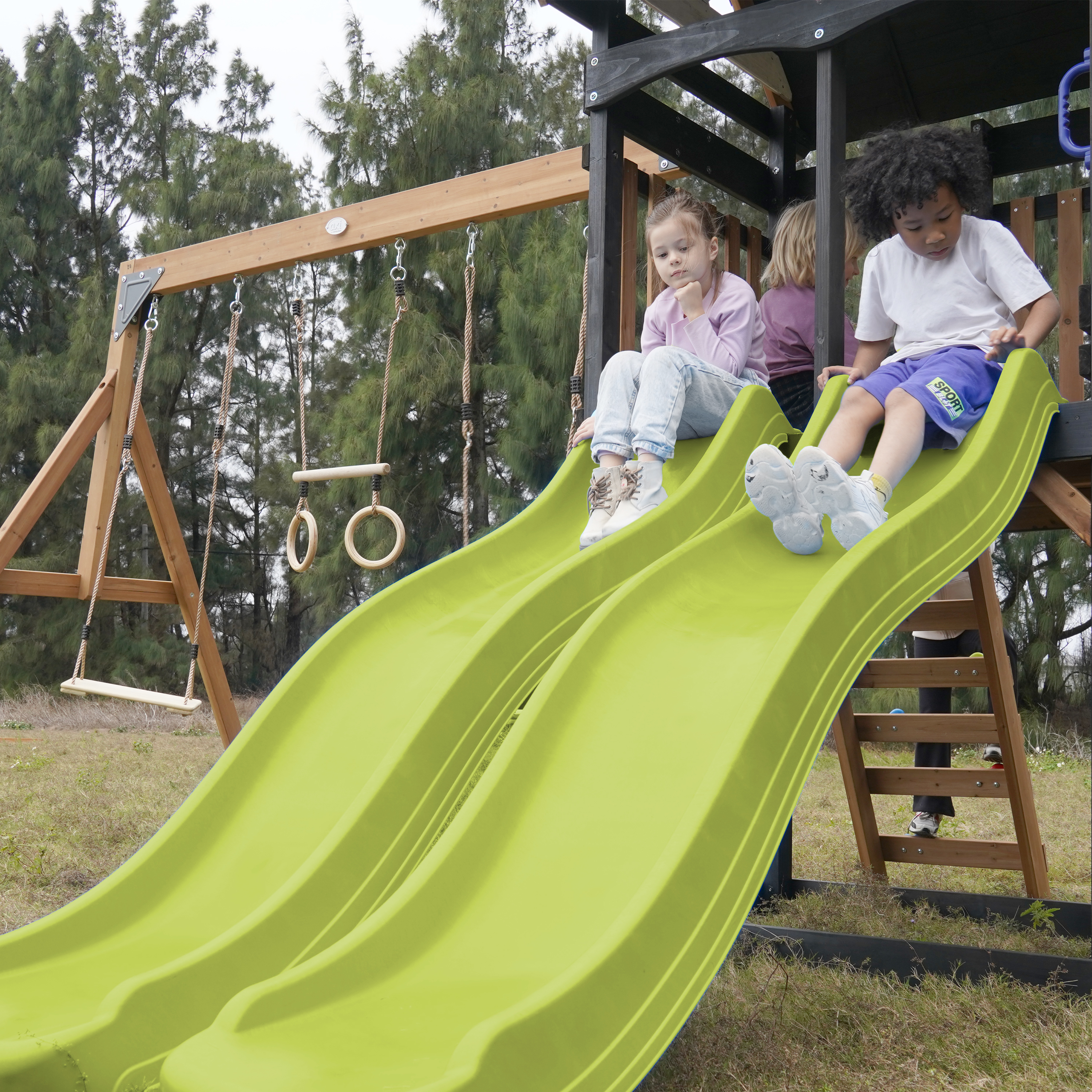 AXI Cody Climbing Frame with Swings, Trapeze and Climbing Wall – Lime Green Double Slide and Tube Slide