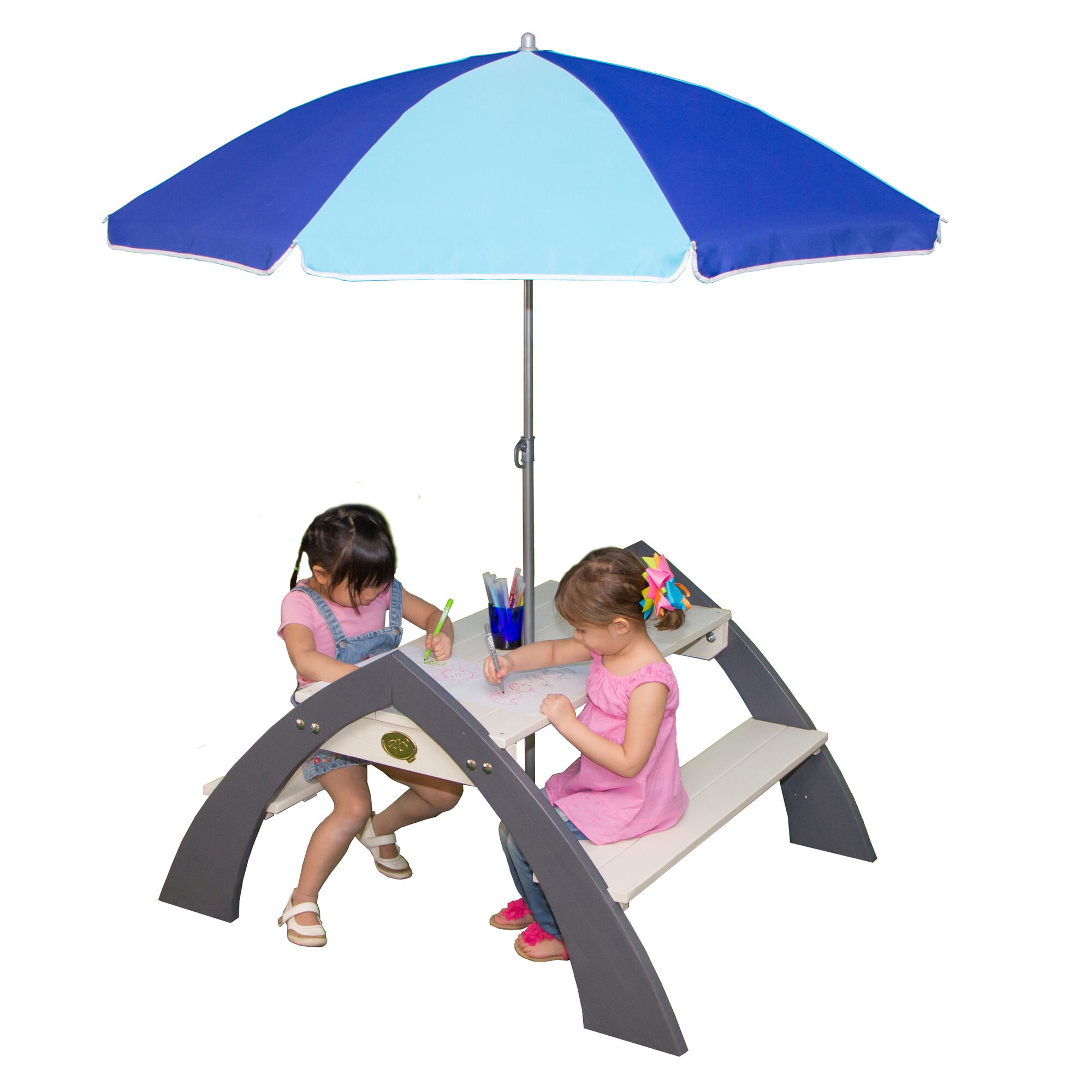 productfoto-mensen AXI Kylo XL Picknicktafel Grijs/wit - Parasol Blauw