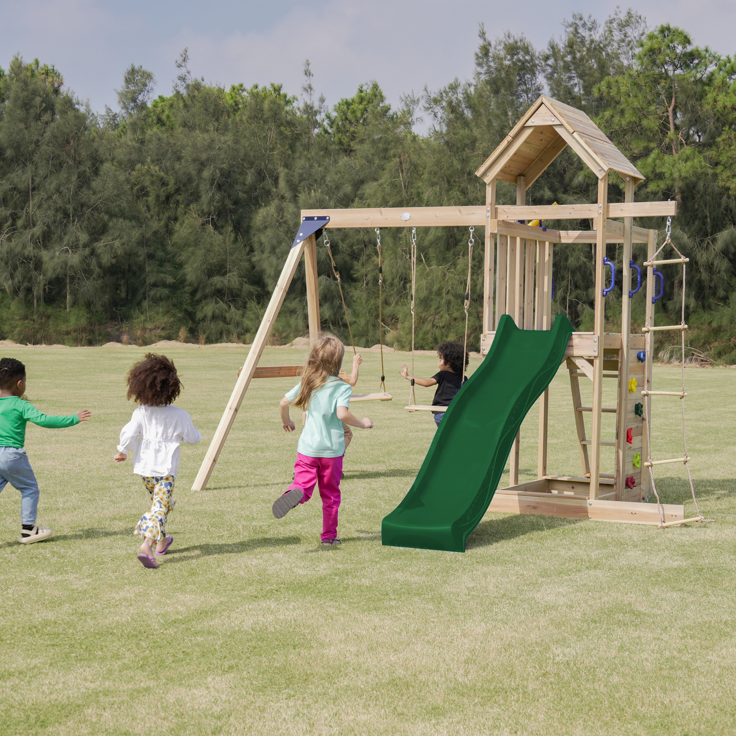 AXI Moos Climbing Frame with Double Swing Set - Green Slide
