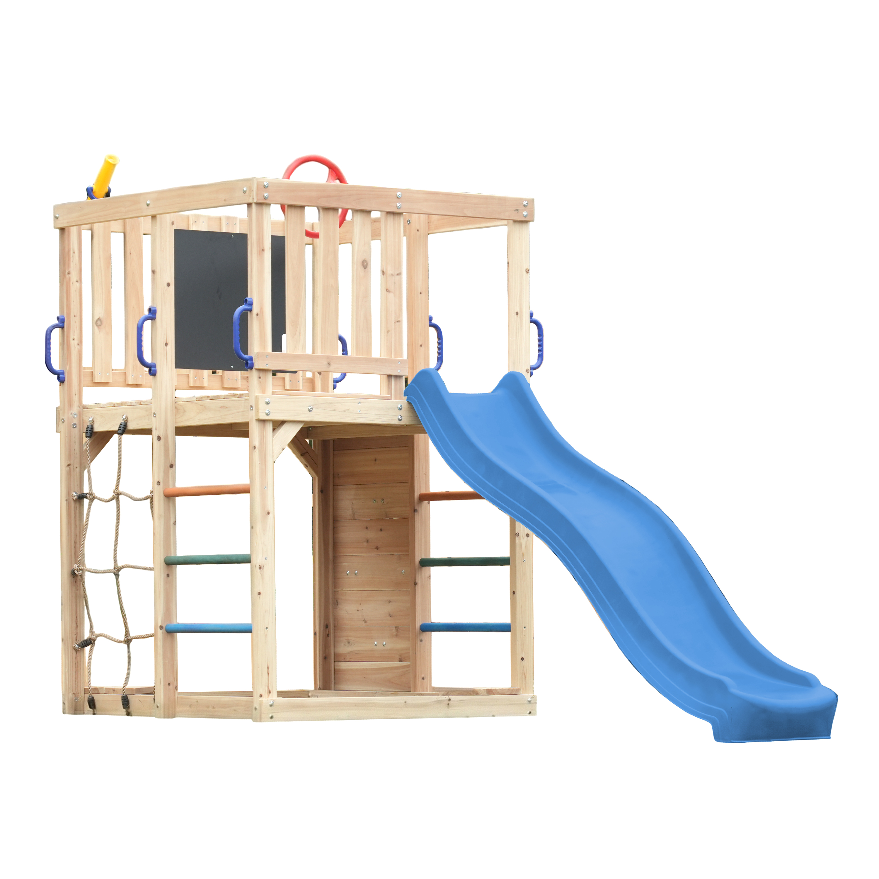 AXI Sam Climbing Frame with Climbing Wall. Climbing Net and Monkey Bars – Blue Slide