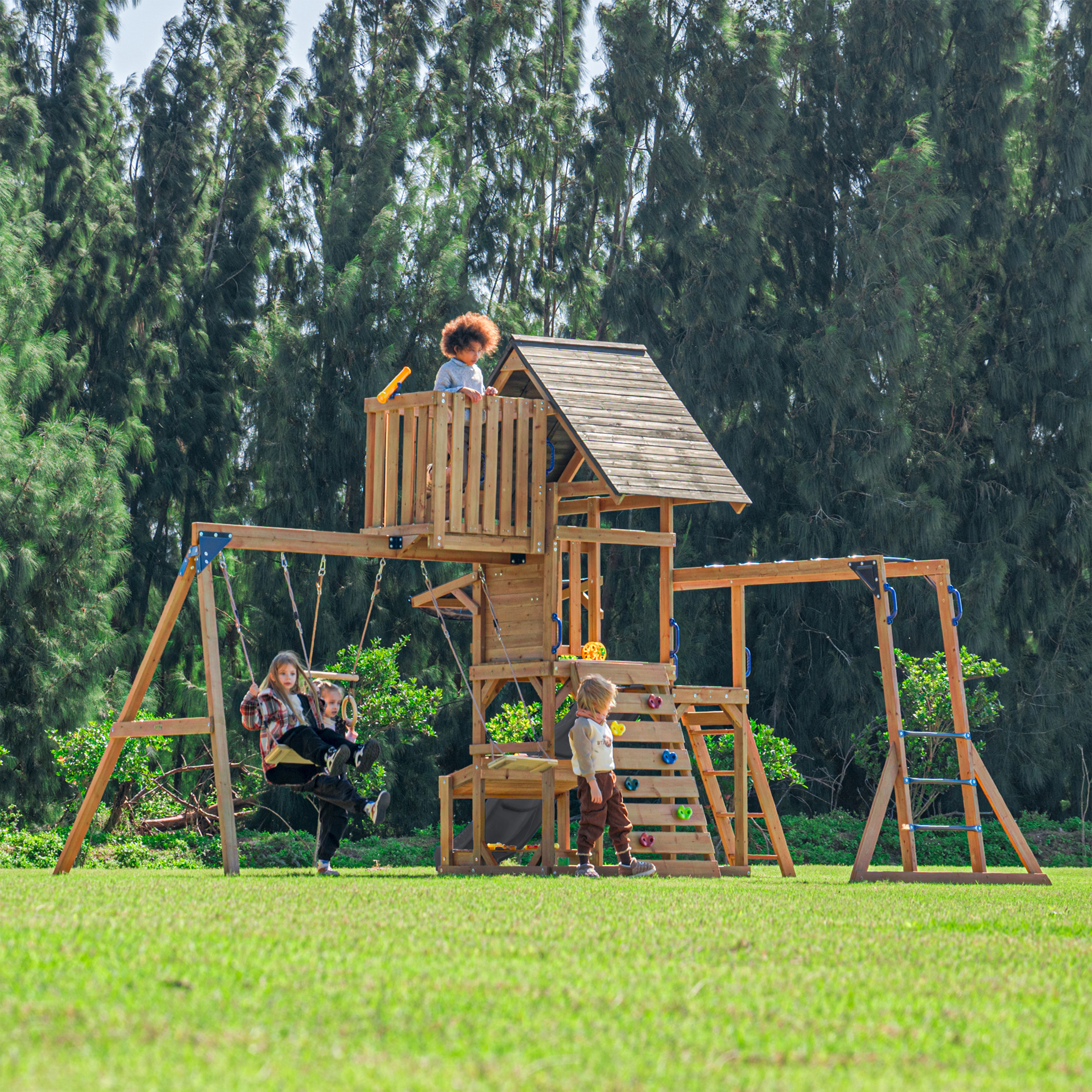 AXI Mitch Aire de jeux avec balançoire double, trapèze et tour d'observation marron - toboggan gris