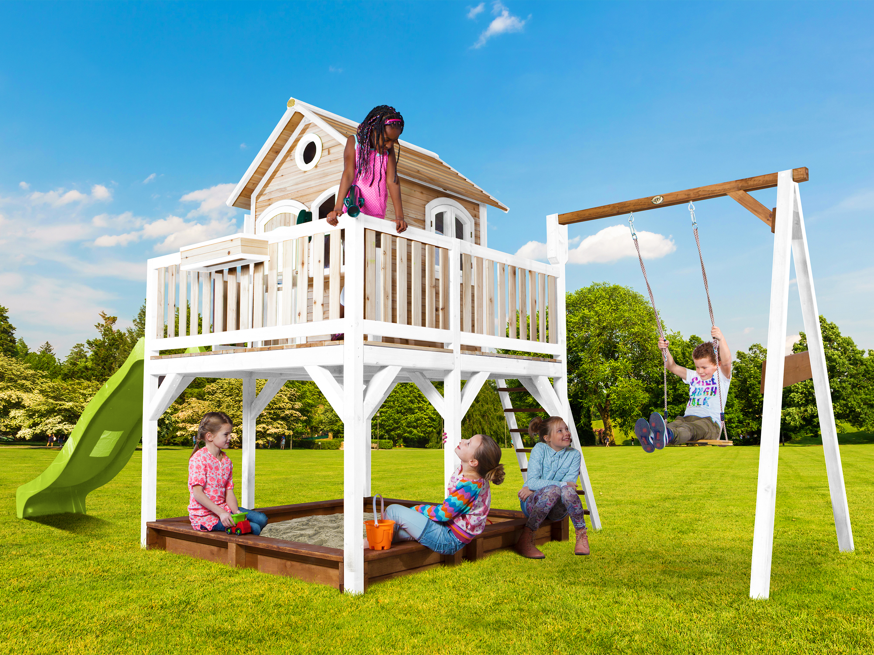 AXI Liam Playhouse with Single Swing Set Brown/White - Lime Green Slide