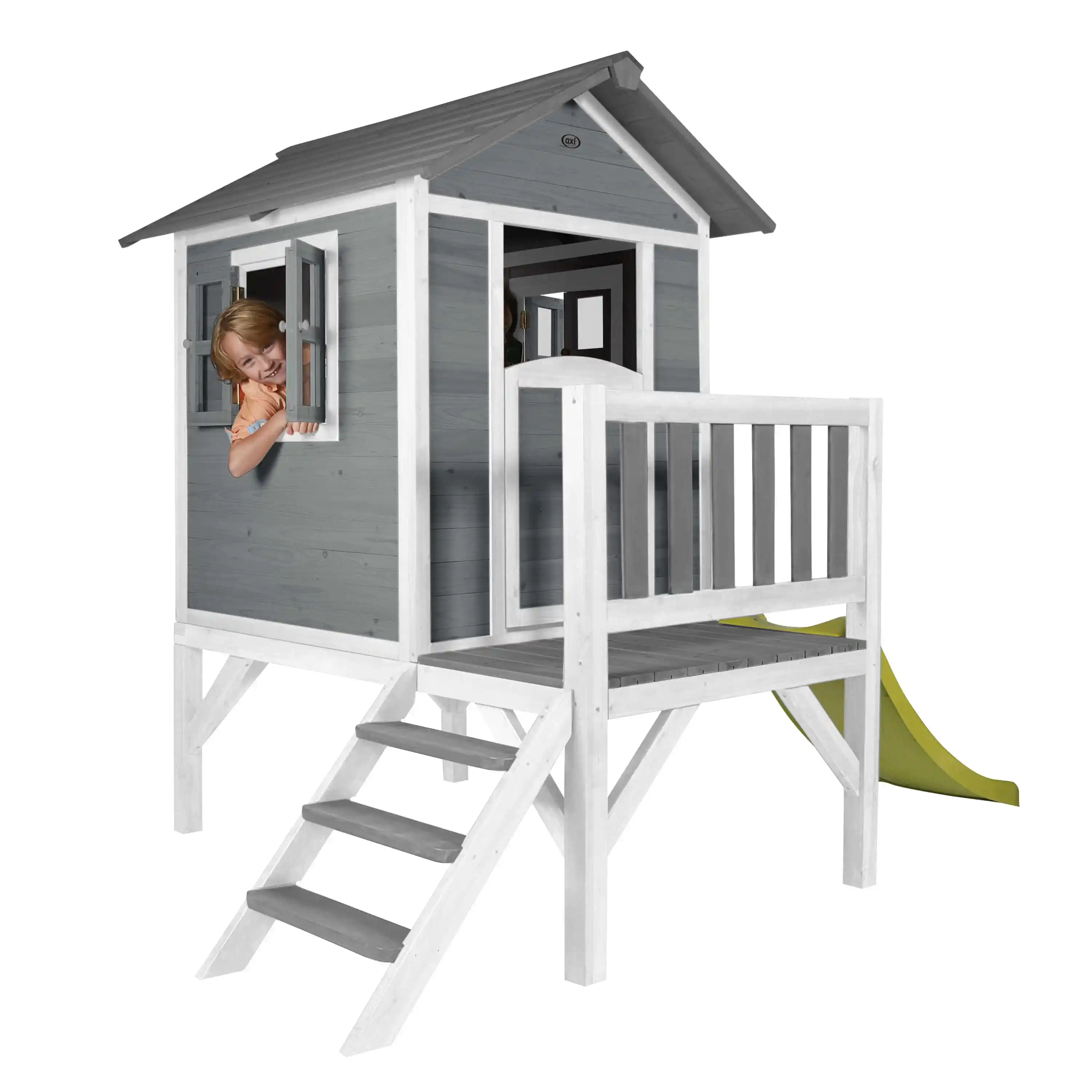 AXI Lodge XL Maisonnette en bois Grise - Toboggan Vert Citron