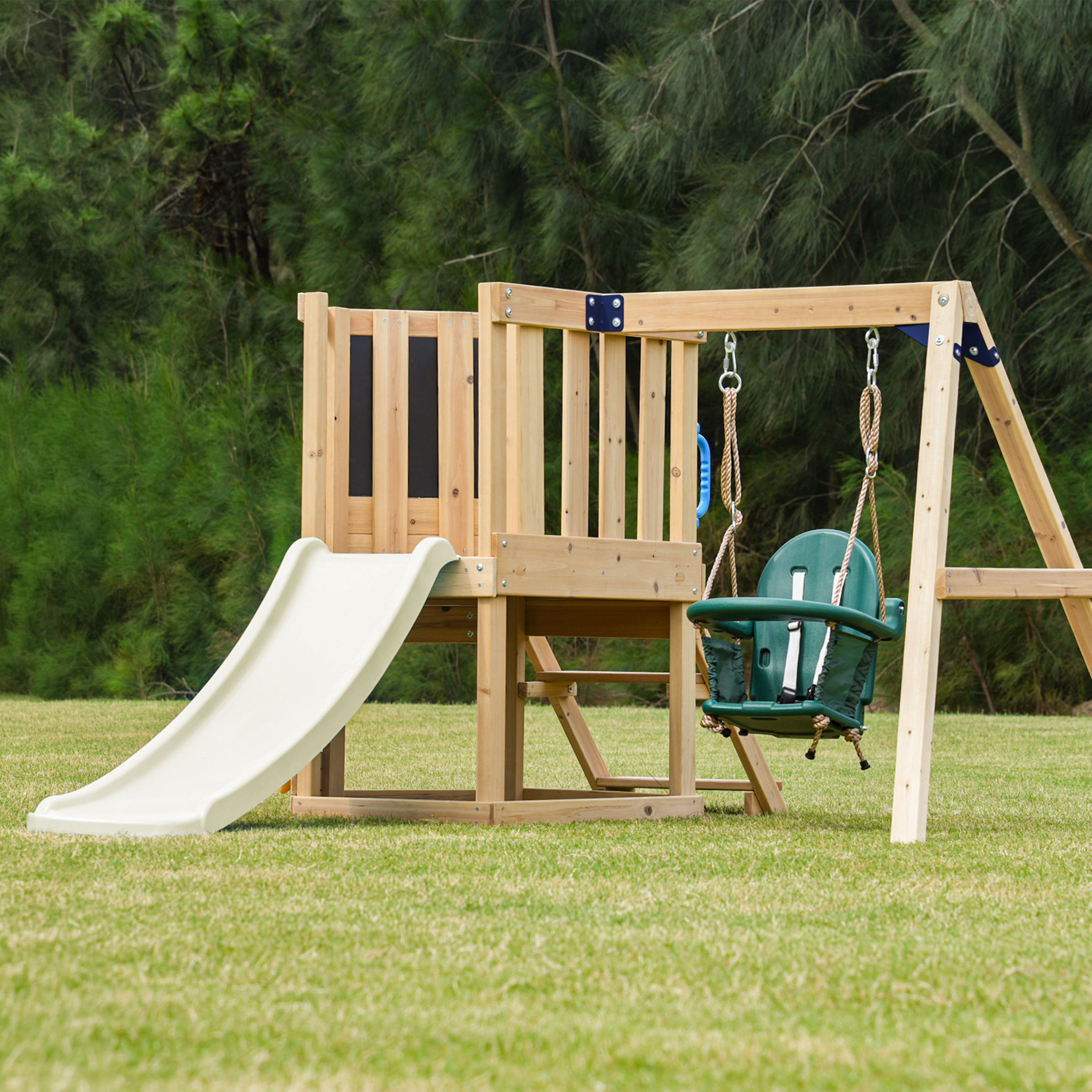 AXI Timo Mini Climbing Frame with Baby Swing. Climbing Wall and Chalkboard – Pastel Pink Slide