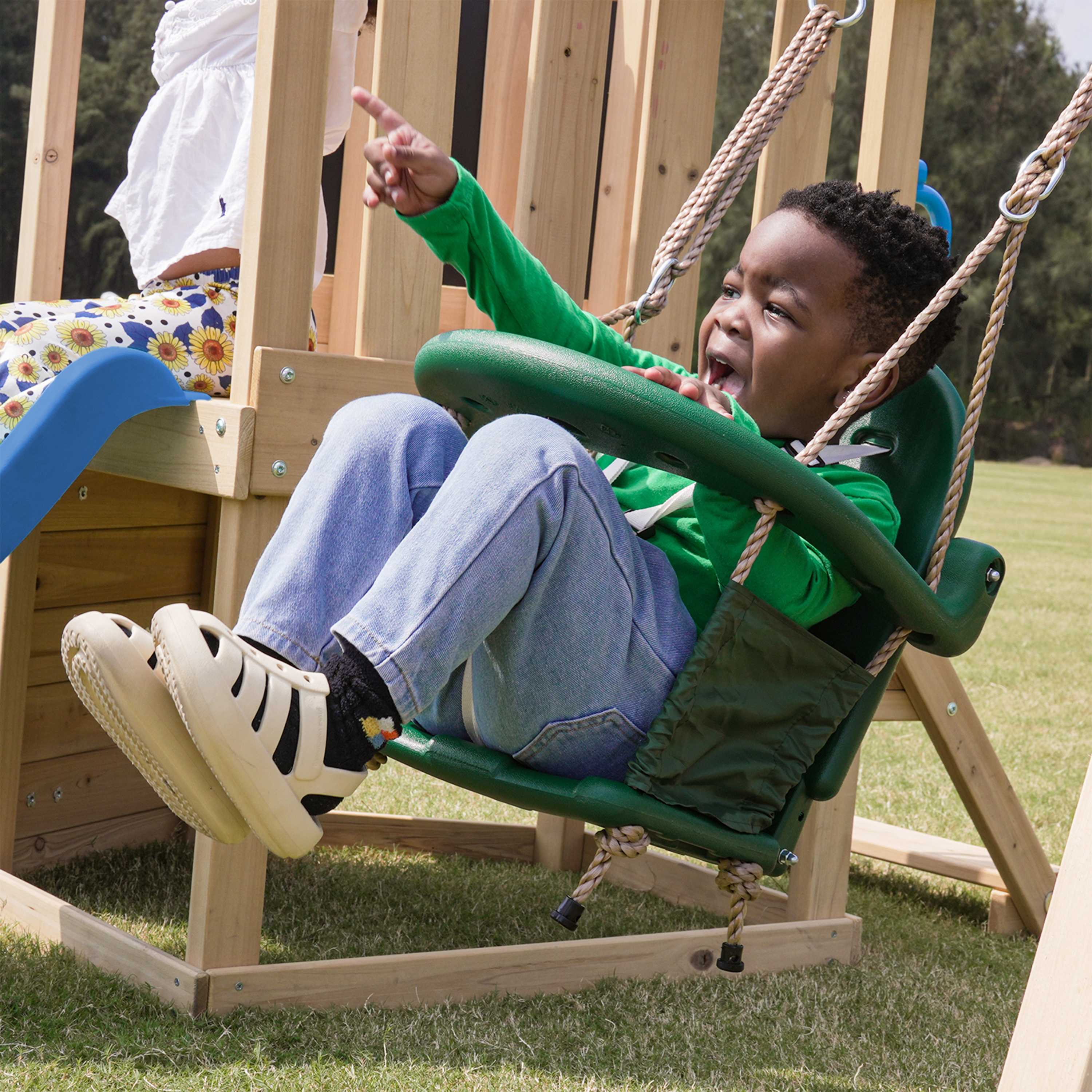 AXI Timo Mini Climbing Frame with Baby Swing, Climbing Wall and Chalkboard – Blue Slide