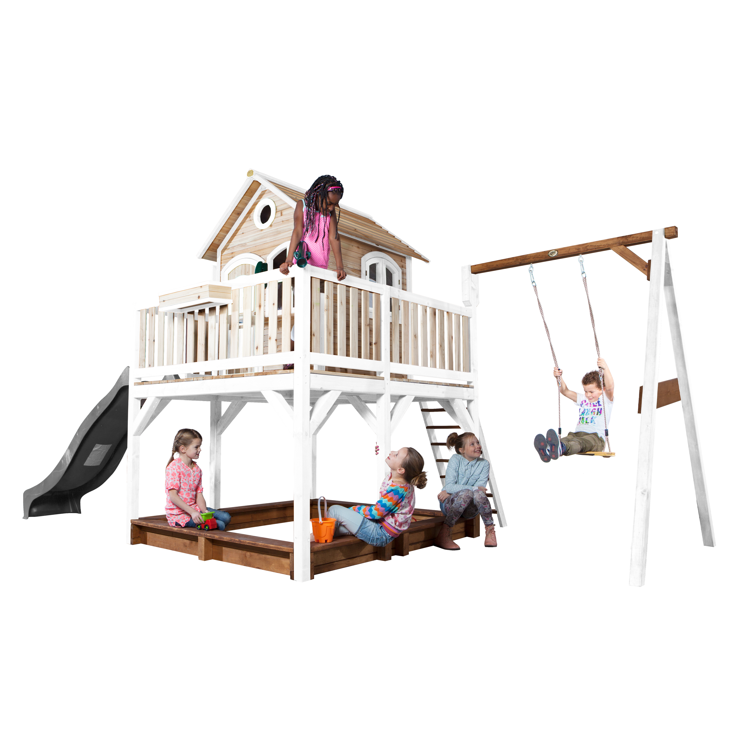 AXI Liam Playhouse with Single Swing Set Brown/White - Grey Slide-8717973937500 AXI Liam Playhouse with Single Swing Set Brown/White - Grey Slide