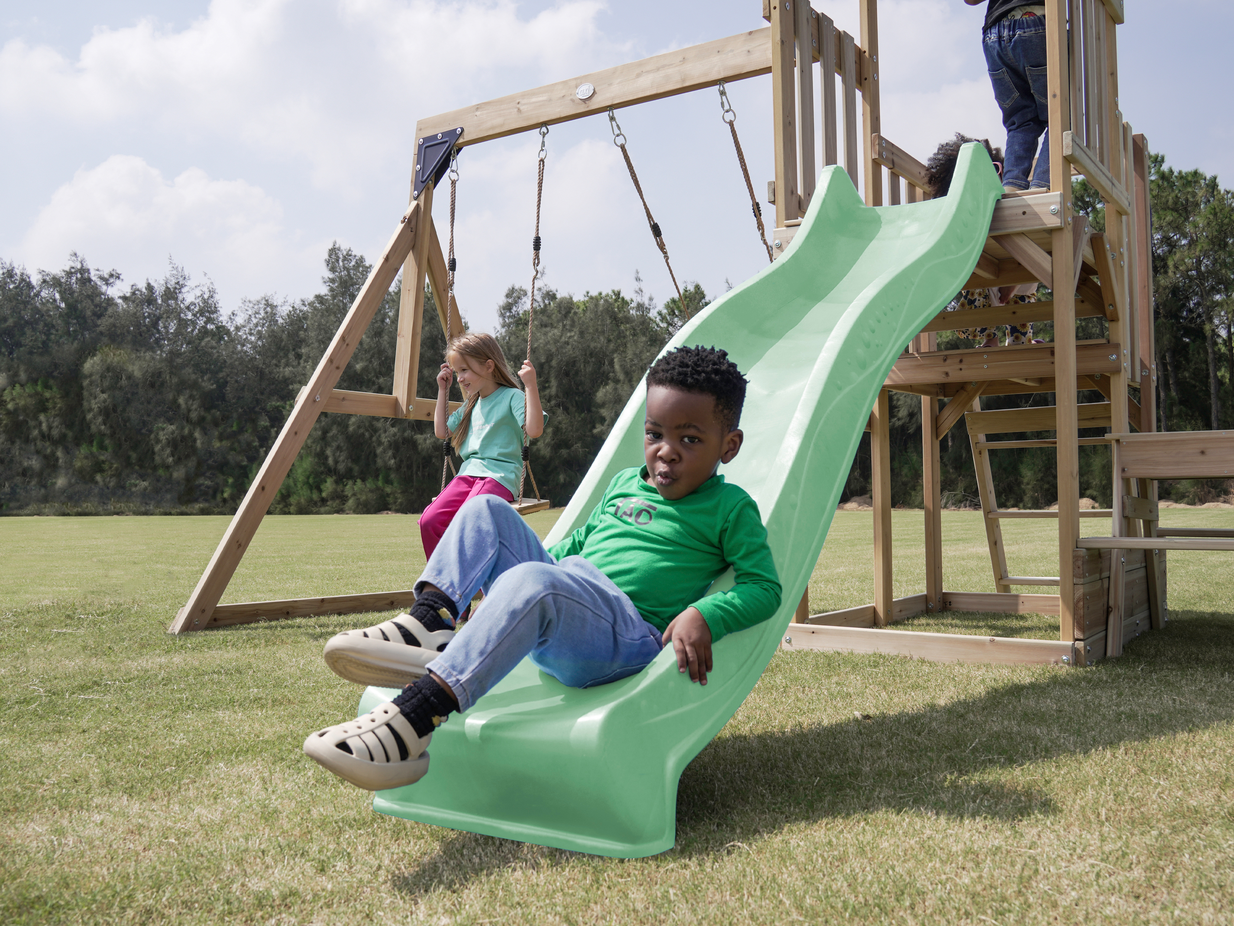 AXI Mette Climbing Frame with Double Swing Set and Picnic Table - Pastel Green Slide