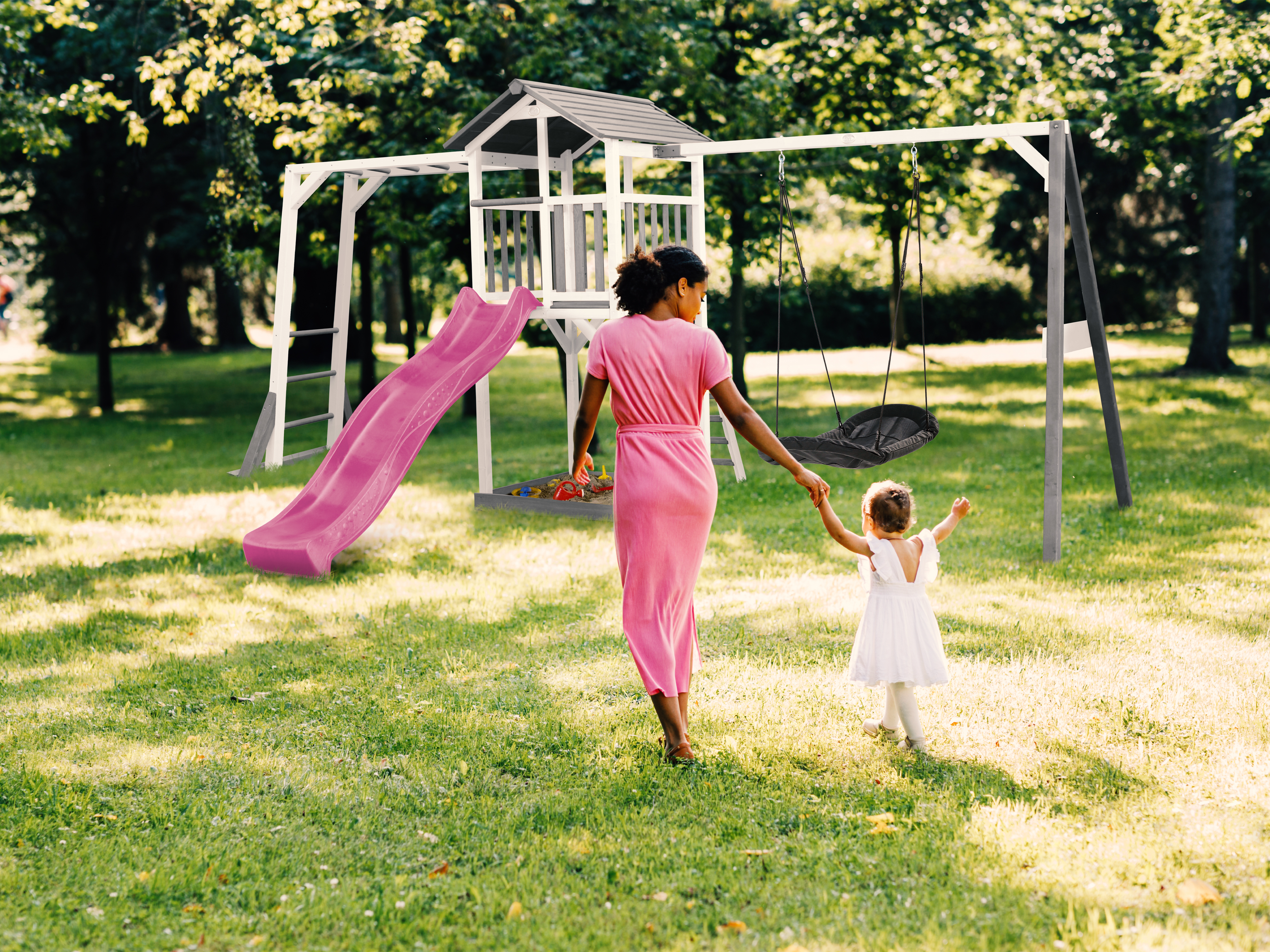 AXI Beach Tower with Climbing Frame and Roxy Nest Swing Set Grey/White - Purple Slide