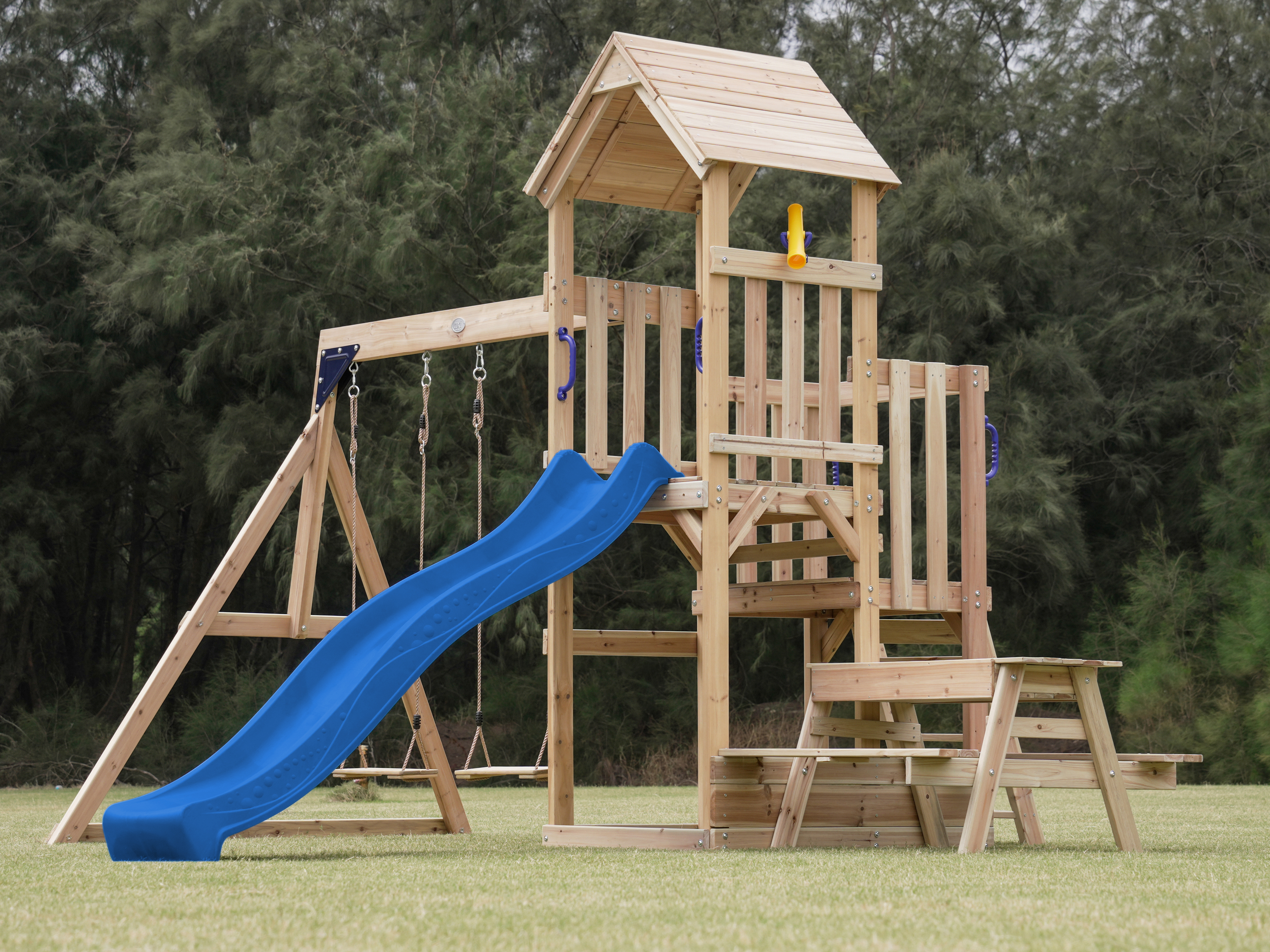 AXI Mette Climbing Frame with Double Swing Set and Picnic Table - Blue Slide