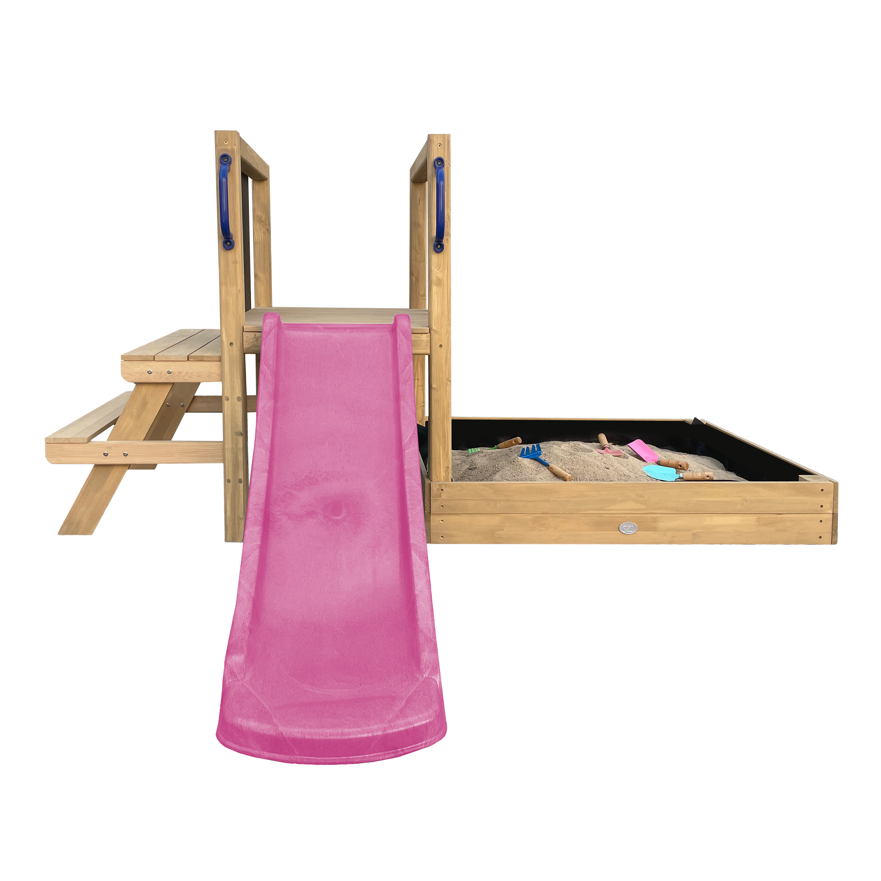 AXI Leah Mini Wooden Playtower with Sandbox. Picnic Table & Chalkboard – Purple Slide