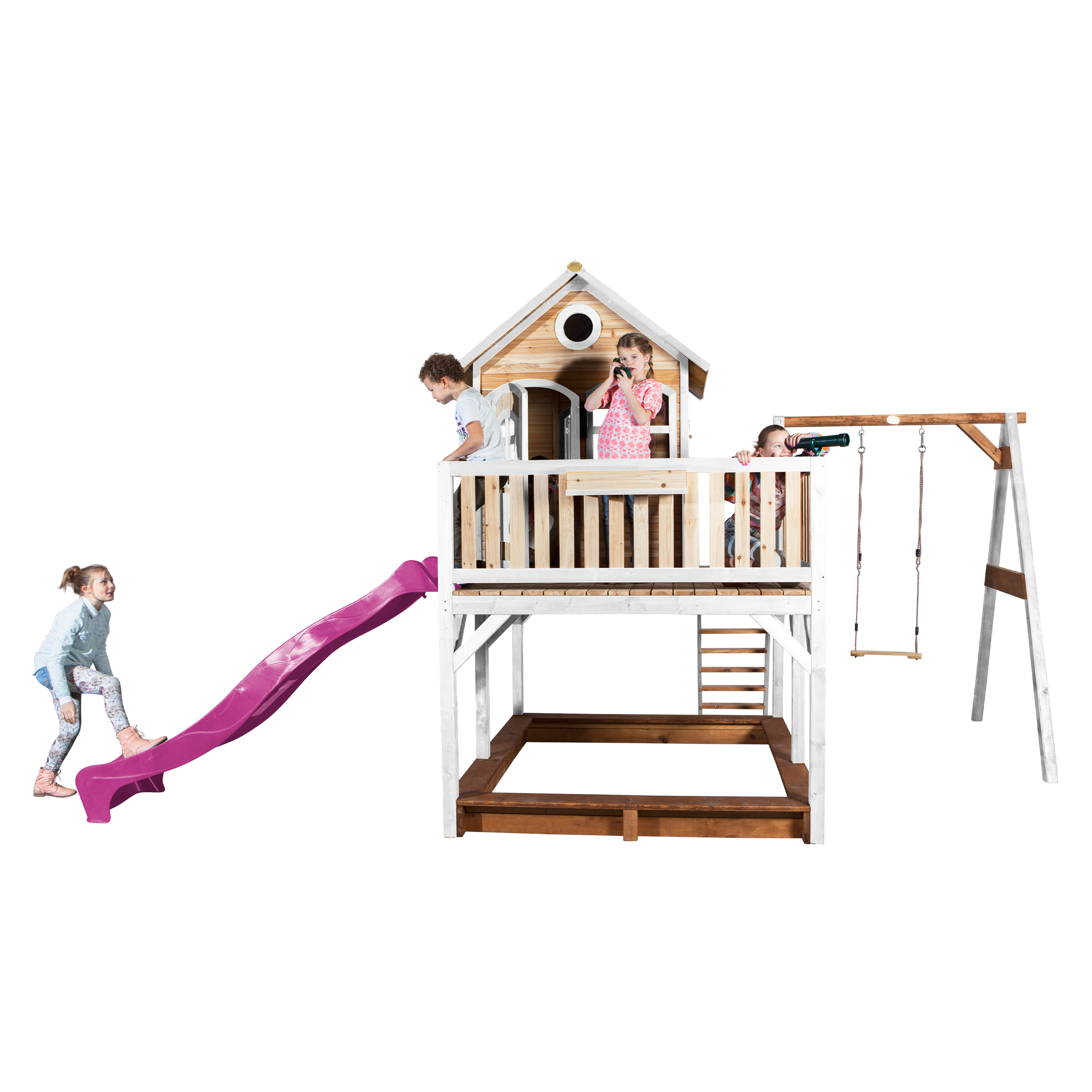 AXI Liam Playhouse with Single Swing Set Brown/White - Purple Slide