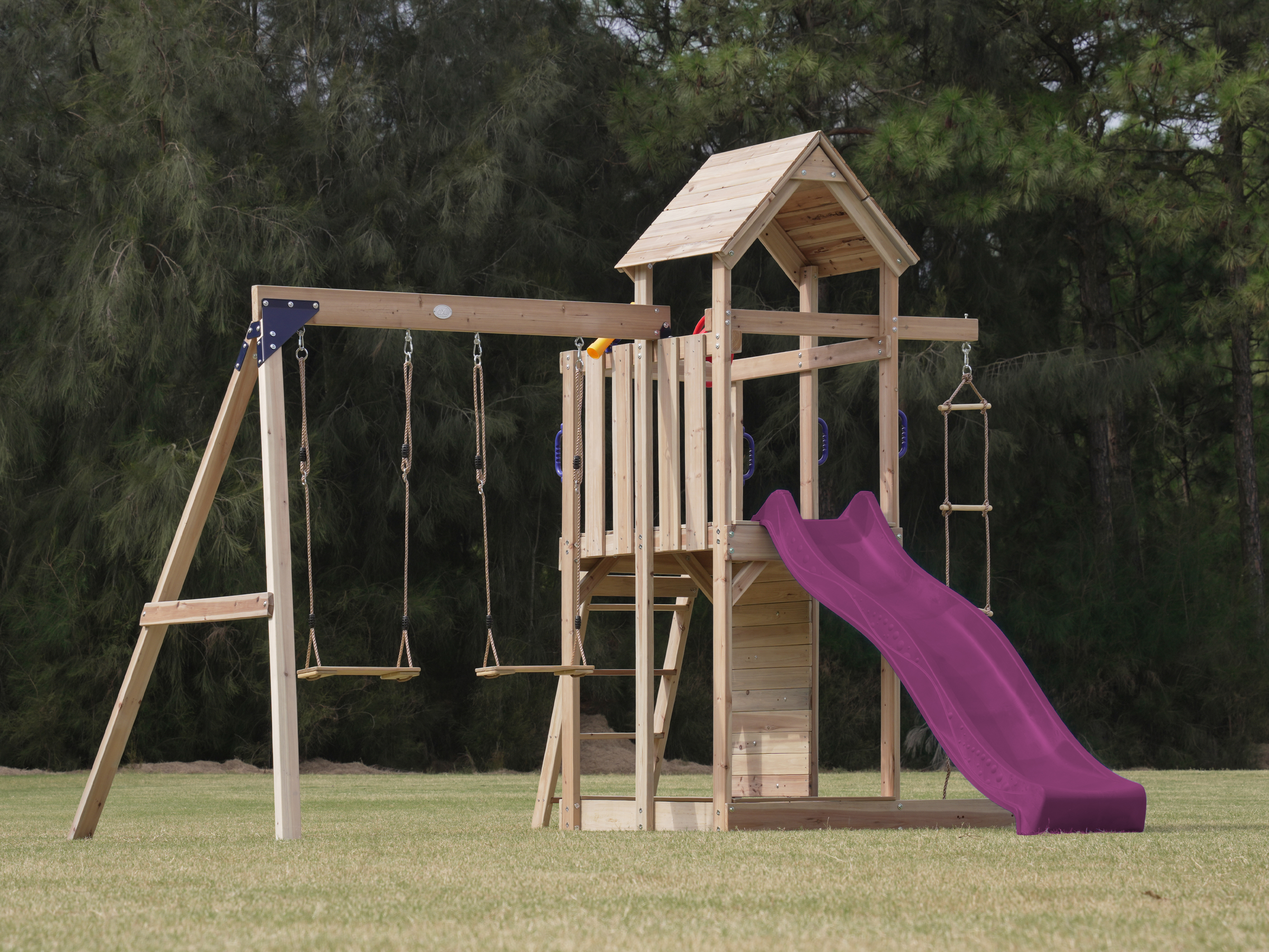 AXI Moos Aire de jeux avec balançoire double et échelle en corde marron - toboggan violet
