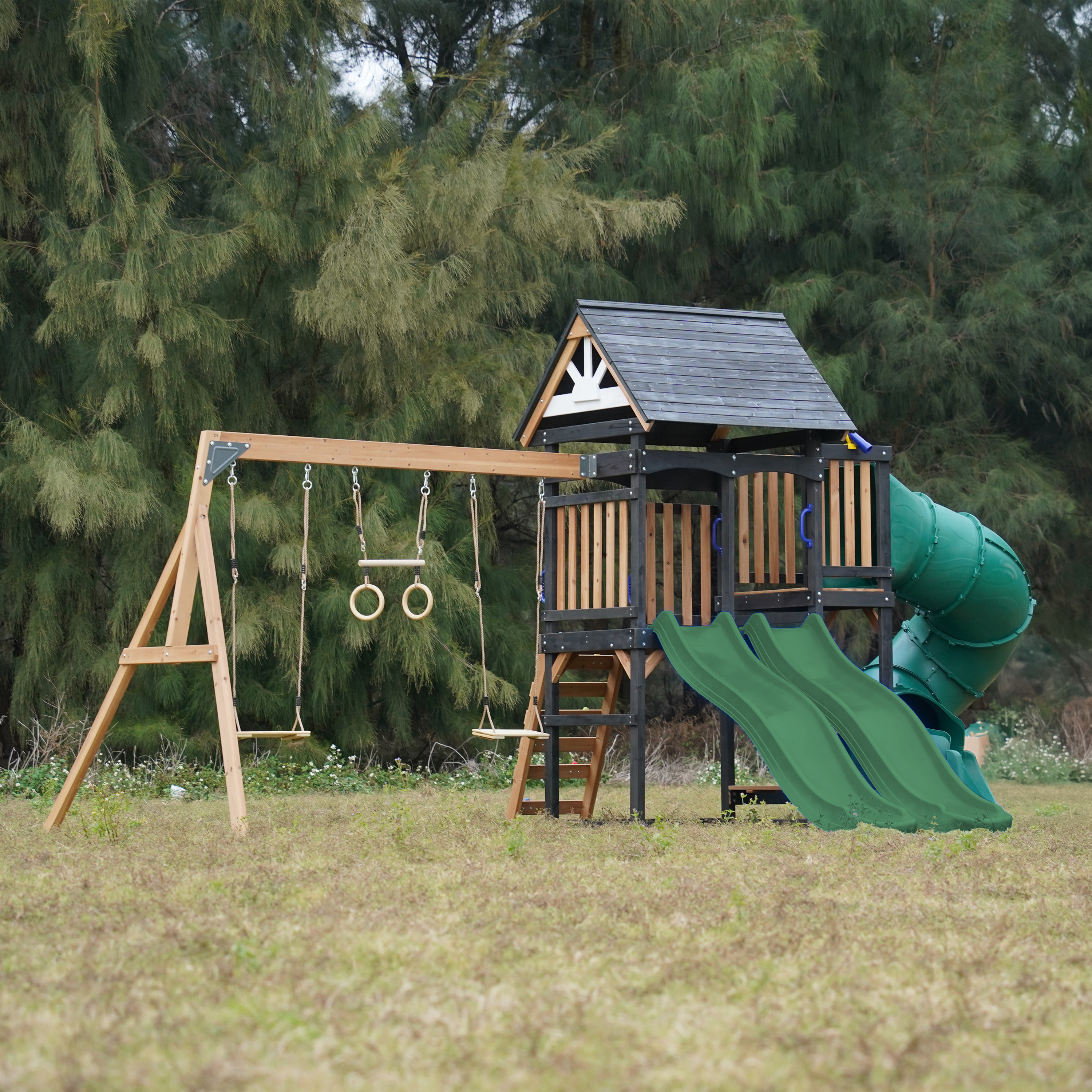 AXI Cody Climbing Frame with Swings, Trapeze and Climbing Wall – Green Double Slide and Tube Slide