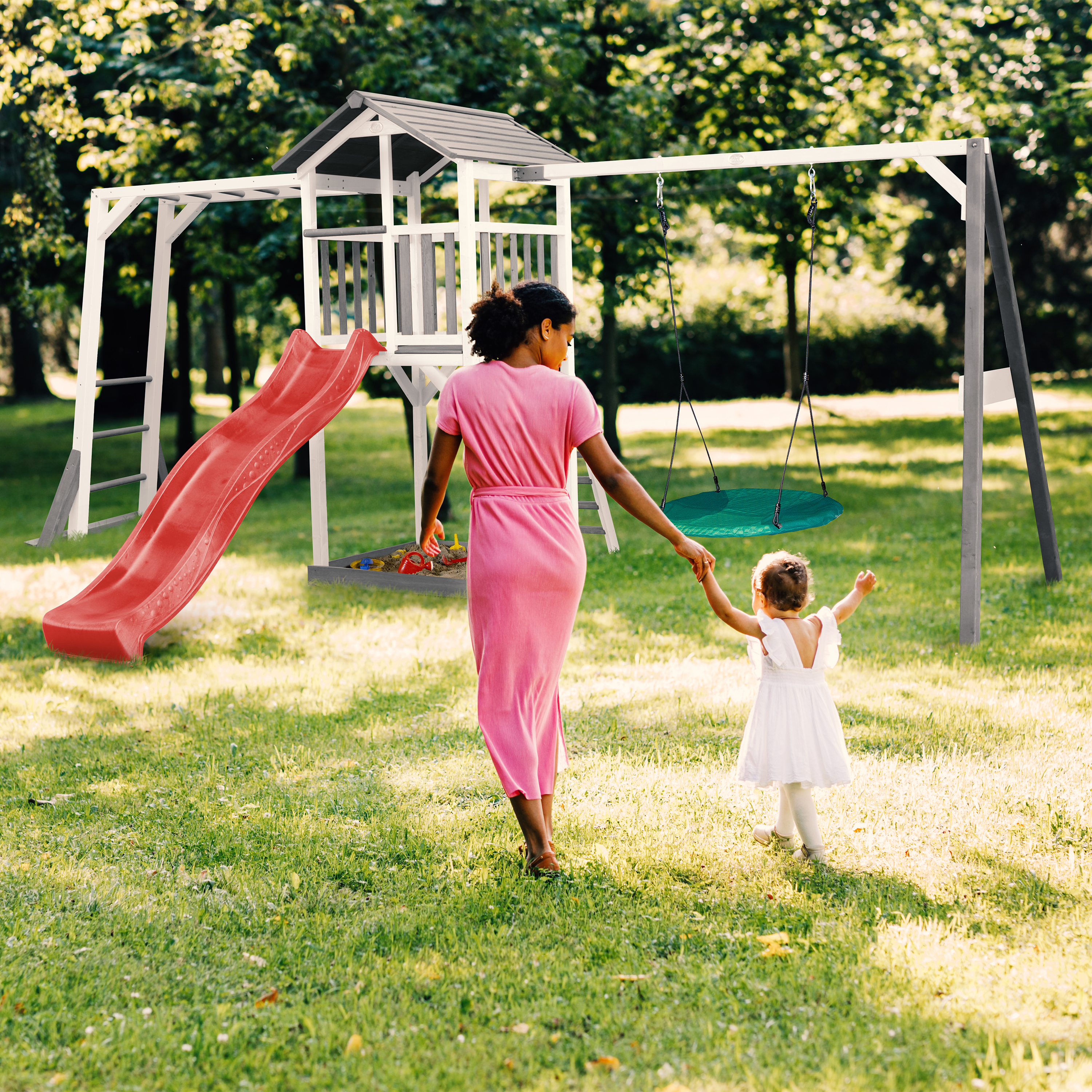 AXI Beach Tower with Climbing Frame and Summer Nest Swing Set Grey/White - Red Slide