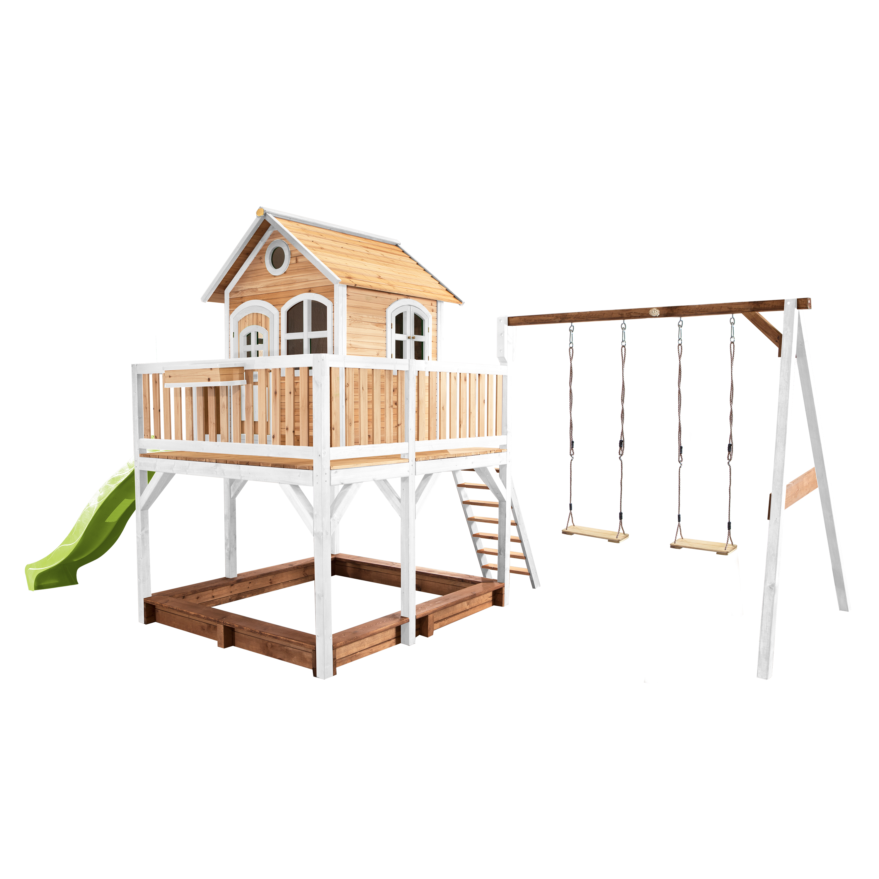 AXI Liam Maisonnette en bois Marron/Blanche avec 2 Balançoires - Toboggan Vert Citron AXI Liam Maisonnette en bois Marron/Blanche avec 2 Balançoires - Toboggan Vert Citron