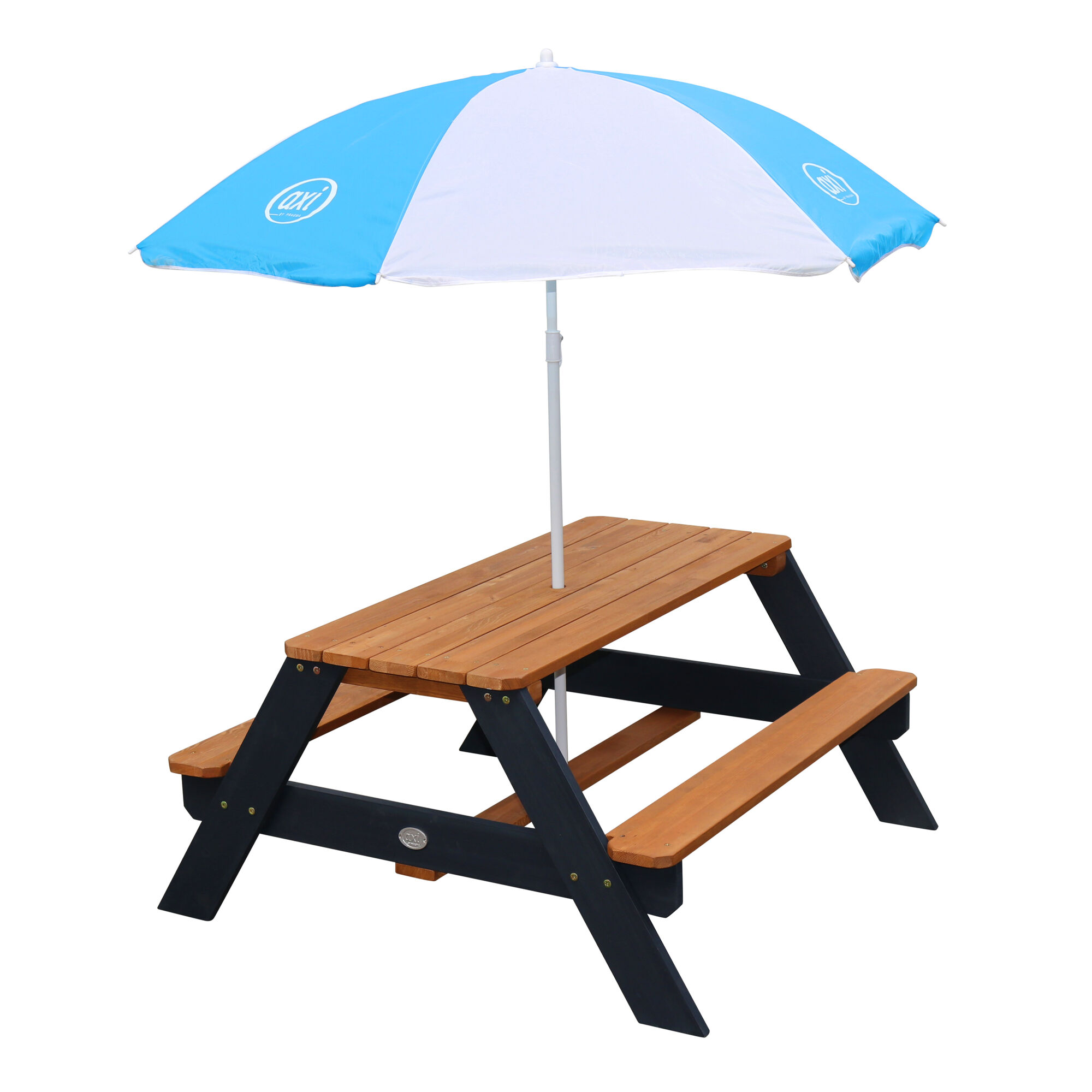 productfoto AXI Nick Picknicktafel Antraciet/bruin - Parasol Blauw/wit