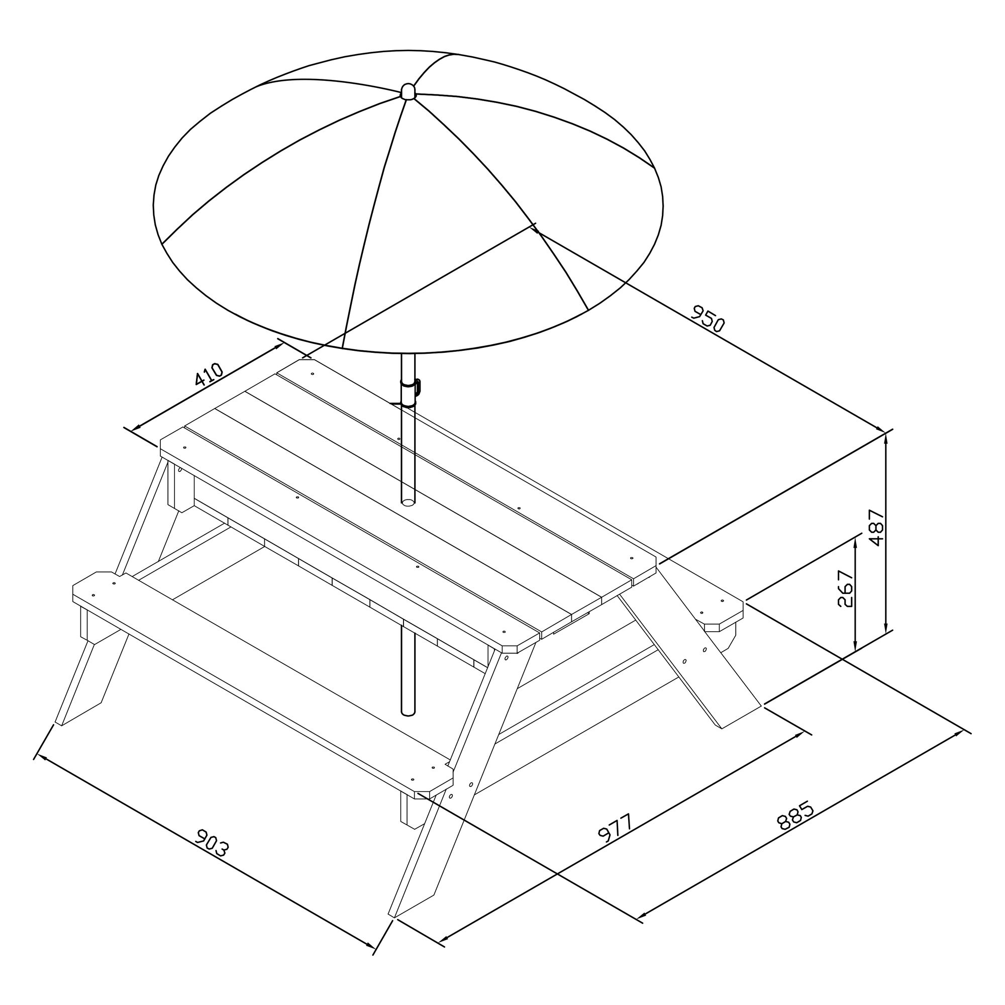 maattekening AXI Nick Zand & Water Picknicktafel Regenboog - Incl. hoogte verstelbare Parasol - FSC 100% Hout