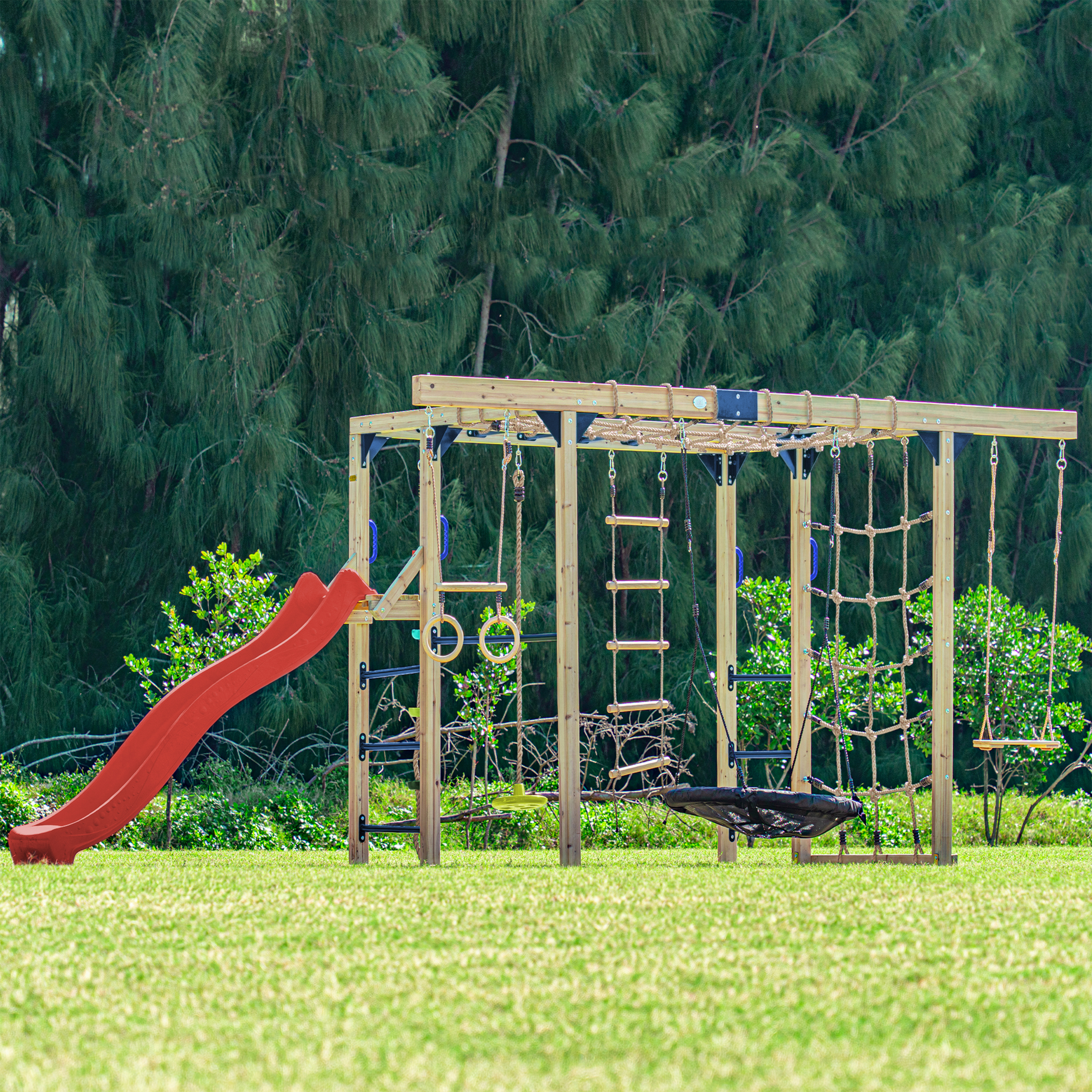 AXI Boris Wooden Playcentre with Swings, Trapeze, Climbing Nets and Monkey Bars – Red Slide