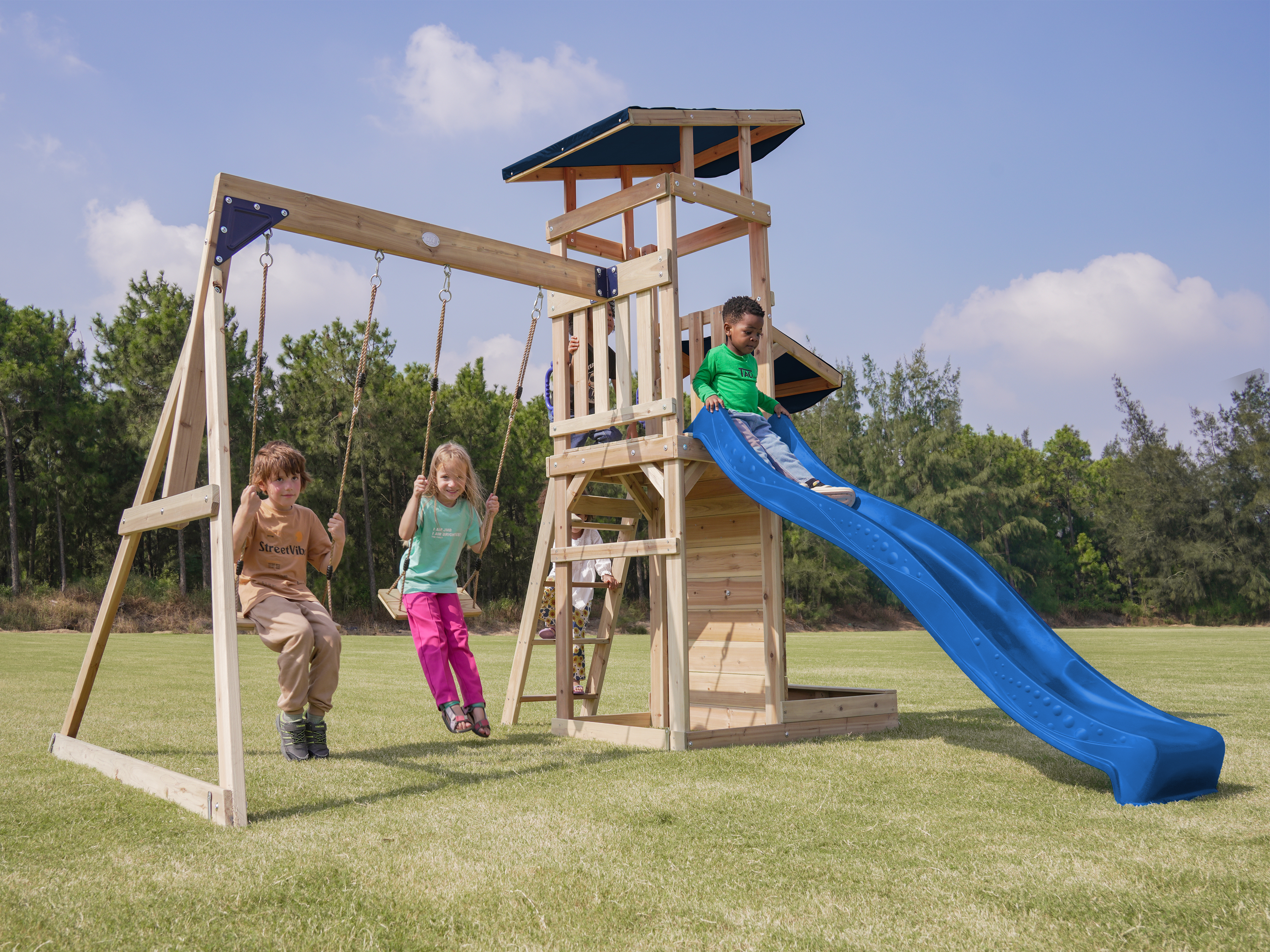 AXI Malik Climbing Frame with Double Swing Set - Blue Slide