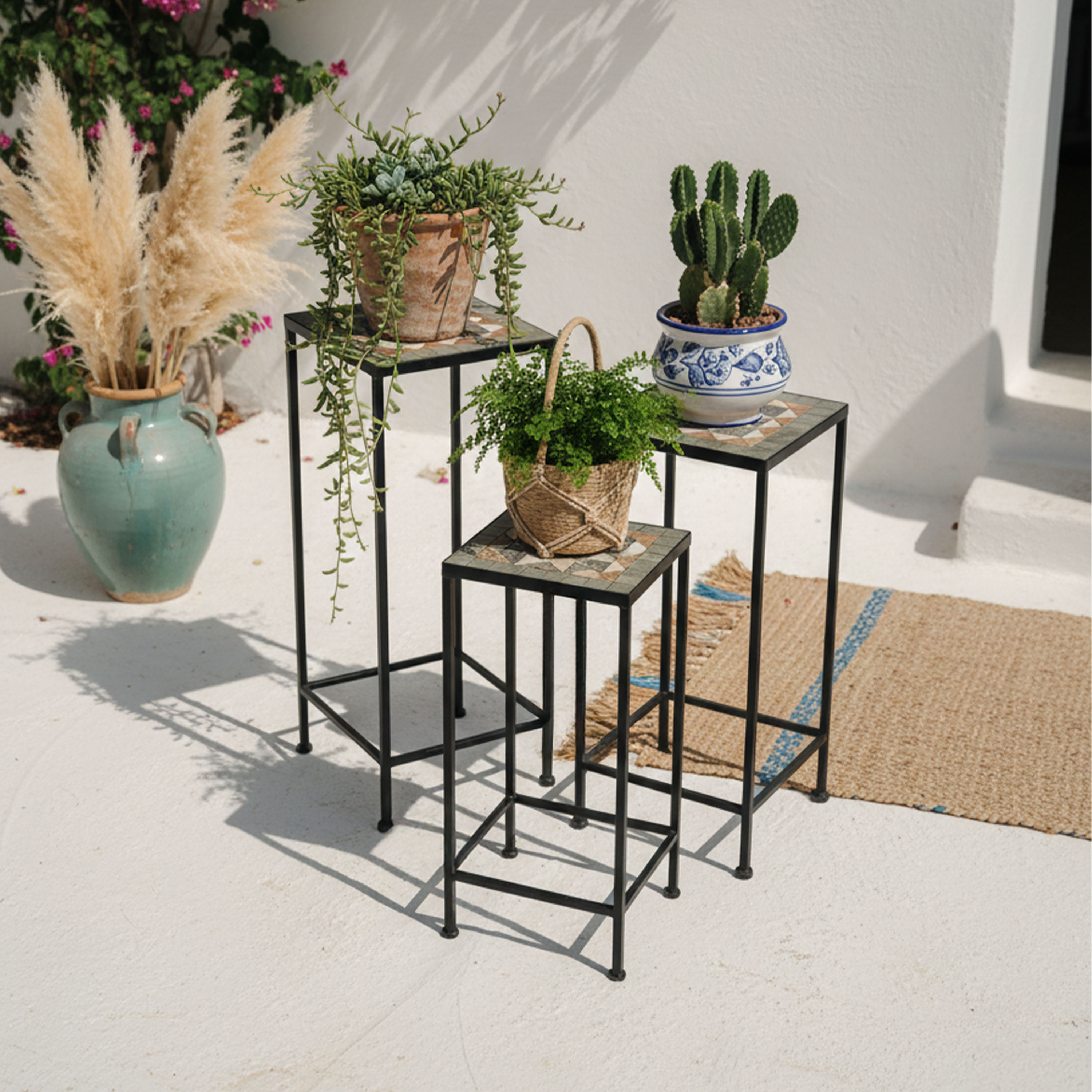 AXI Eline Mosaic Plant Table Square Star – Grey/Brown – Set of 3