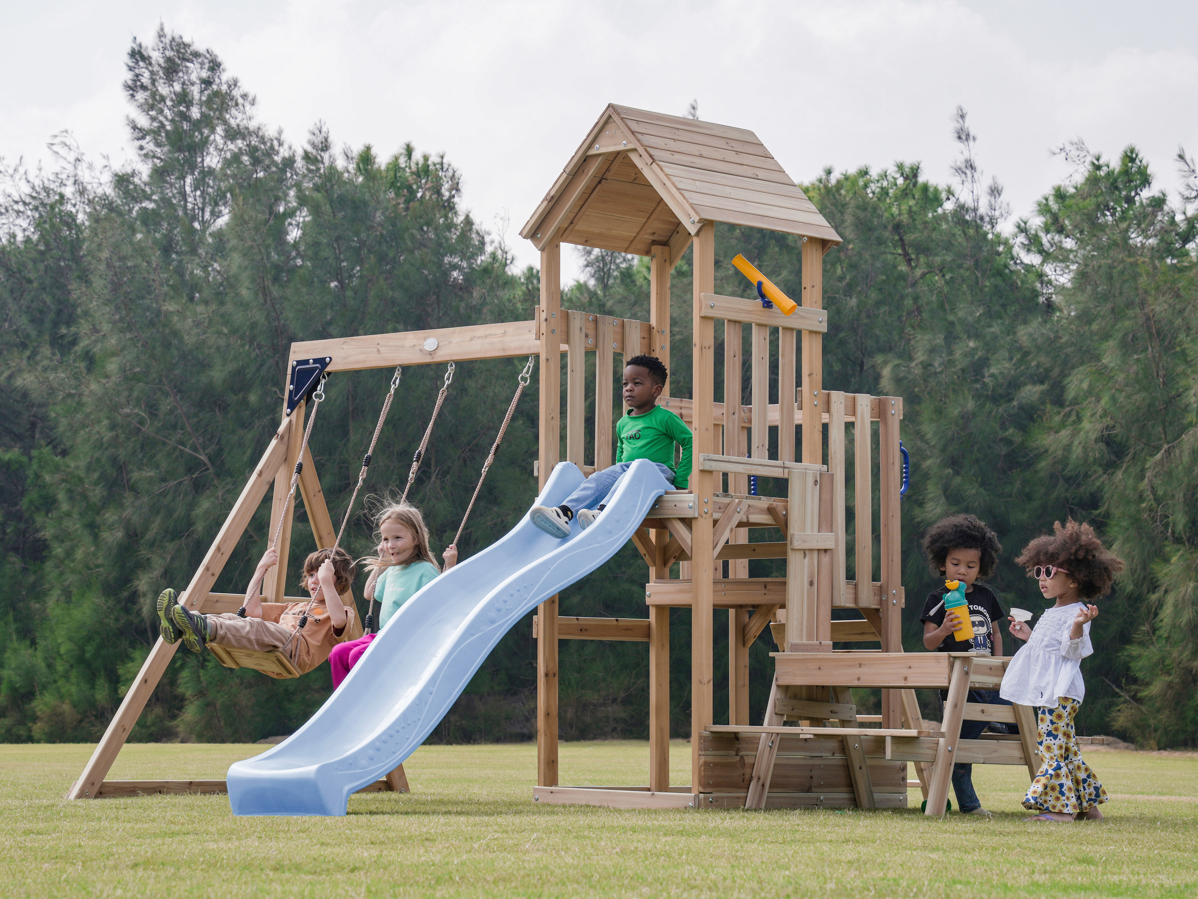 AXI Mette Climbing Frame with Double Swing Set and Picnic Table - Pastel Blue Slide