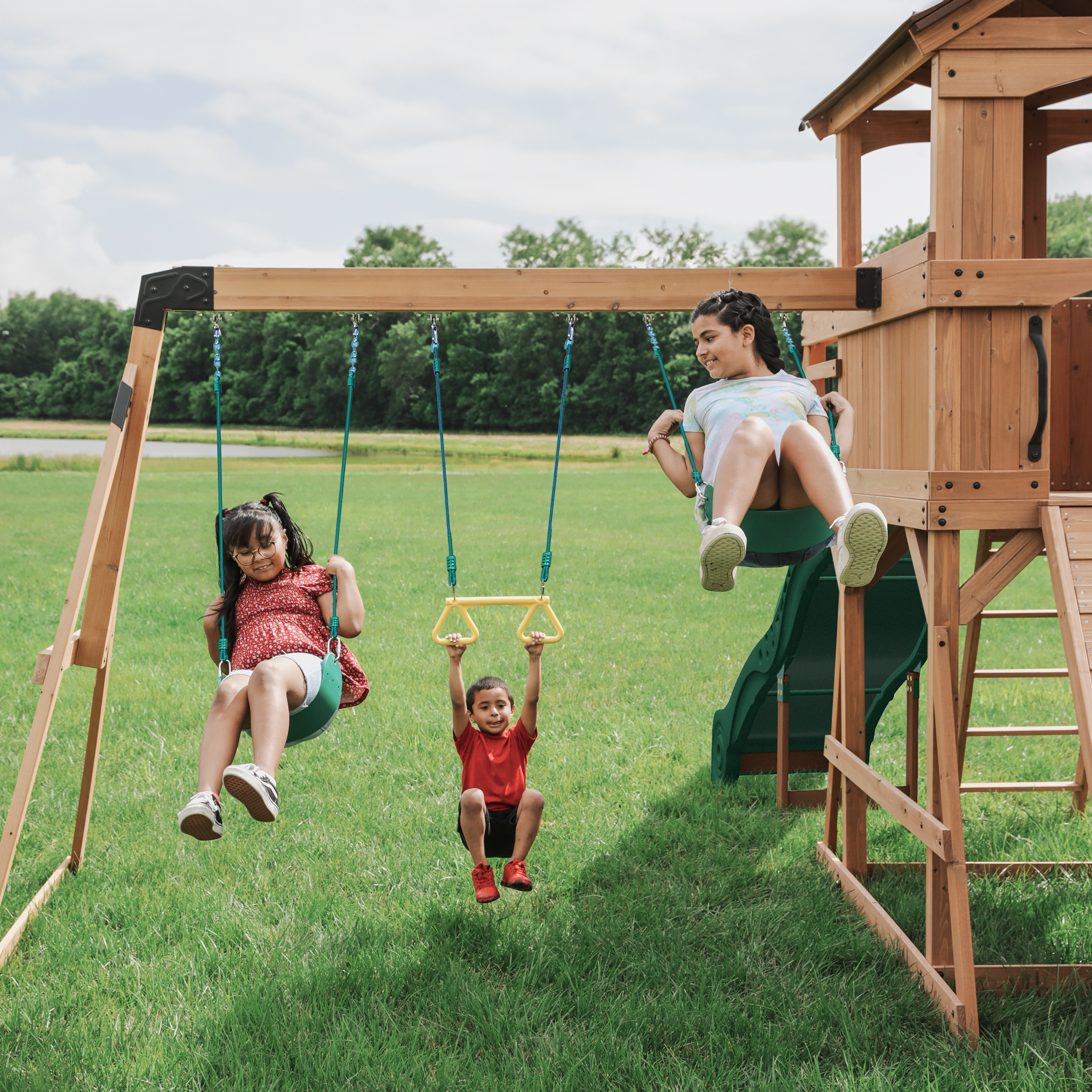 Backyard Discovery Sterling Point Play Set with 3 Swings and Slide - Climbing Wall & Rock Wall - Trapeze - Sandbox - Walkway-0752113300378 Backyard Discovery Sterling Point Play Set with 3 Swings and Slide - Climbing Wall & Rock Wall - Trapeze - Sandbox - Walkway