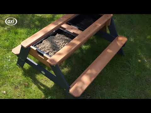 AXI Nick Table pique nique Sable et eau Anthracite/Marron - Parasol Bleu/Blanc