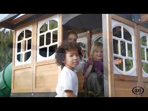 AXI Noud Aire de jeux avec maisonnette, balançoires, trapèze, mur d'escalade – Toboggan vert pastel et toboggan tubulaire